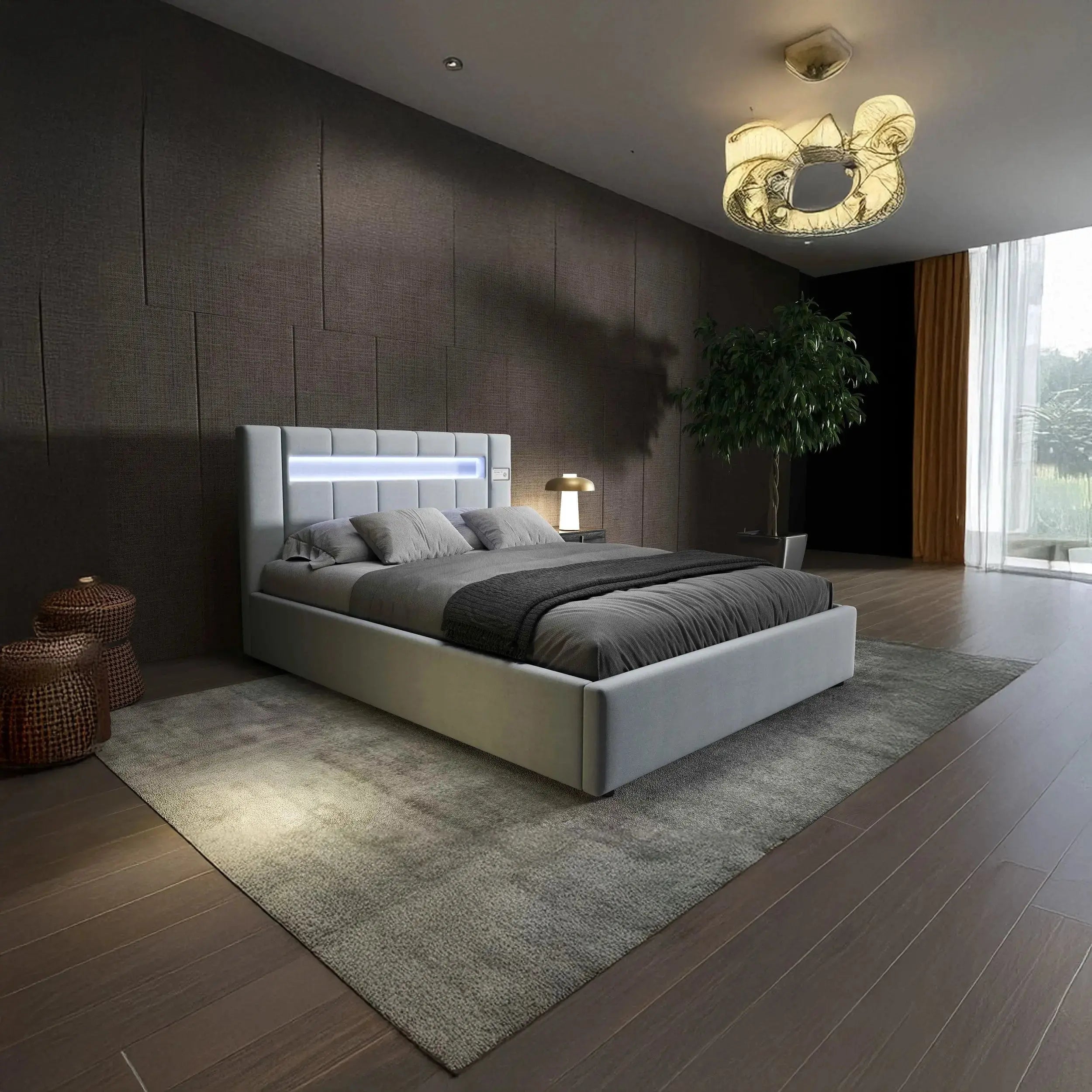 Pat dormitor dumonde, tapitat gri, Glow 180x200 cm, somiera rabatabila inclusa, spatiu depozitare WLS