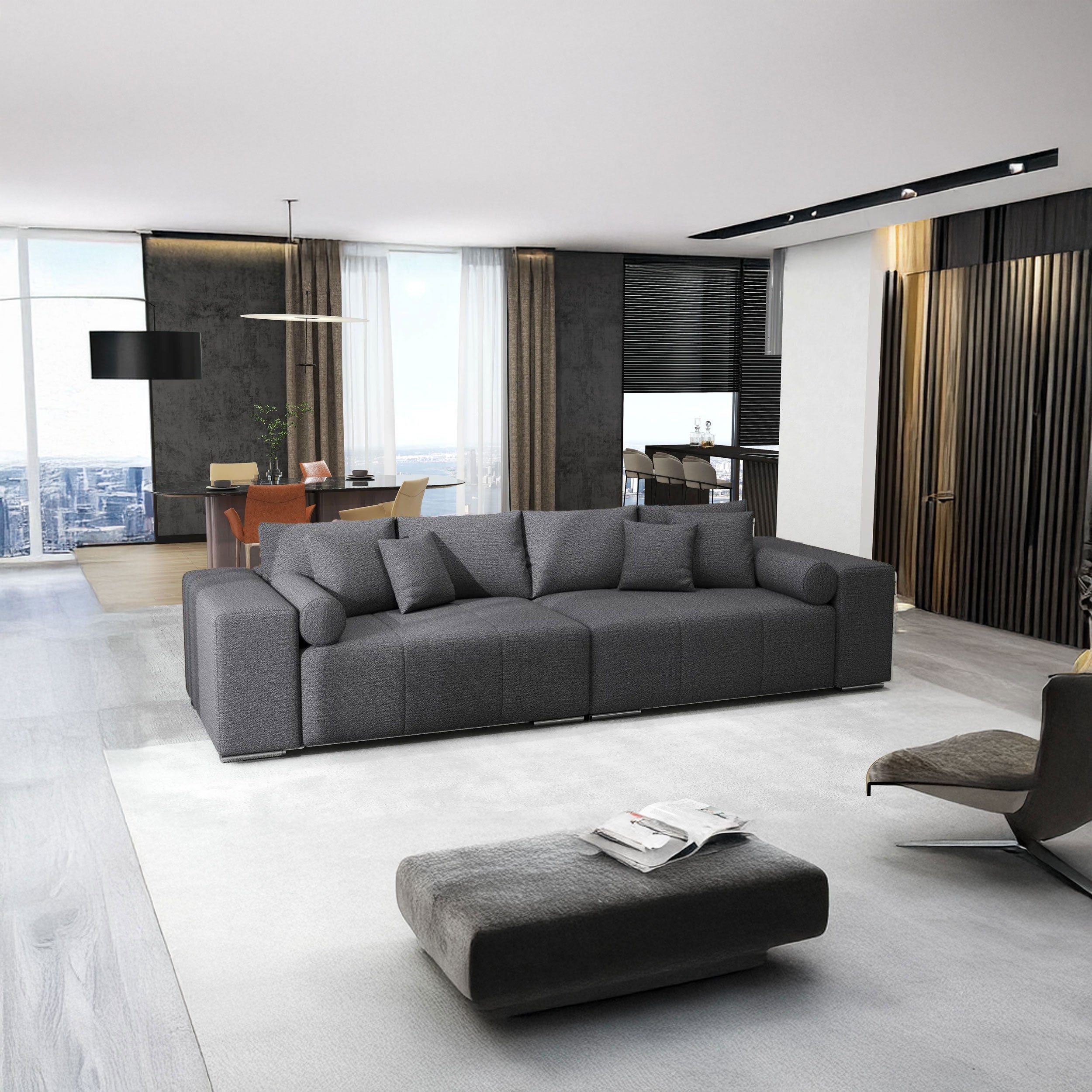 Canapea extensibilă dumonde cu ladă de depozitare si sezut confortabil din spuma HR, Marbela Enjoy Lux Grafit XXL 295x100 cm fabrica