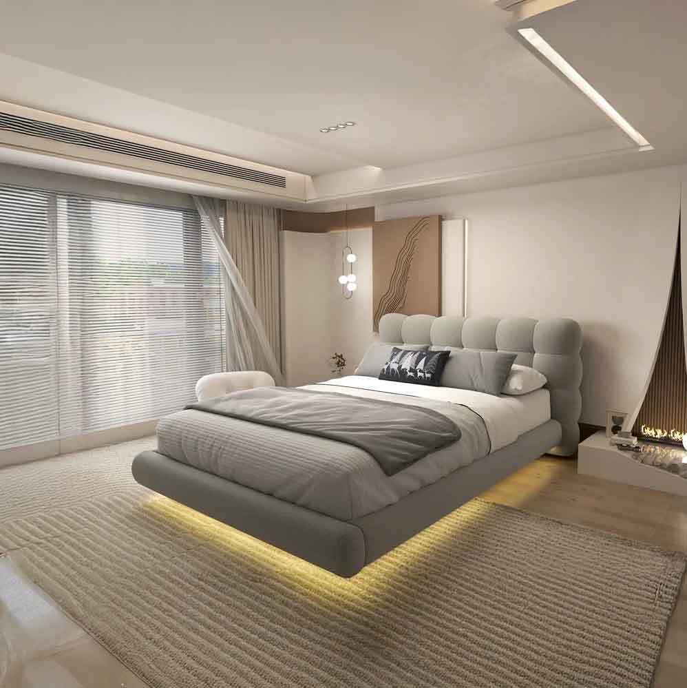 Pat dormitor dumonde, tapitat gri cu LED, "floating bed" Cloud 160x200 cm, somiera inclusa