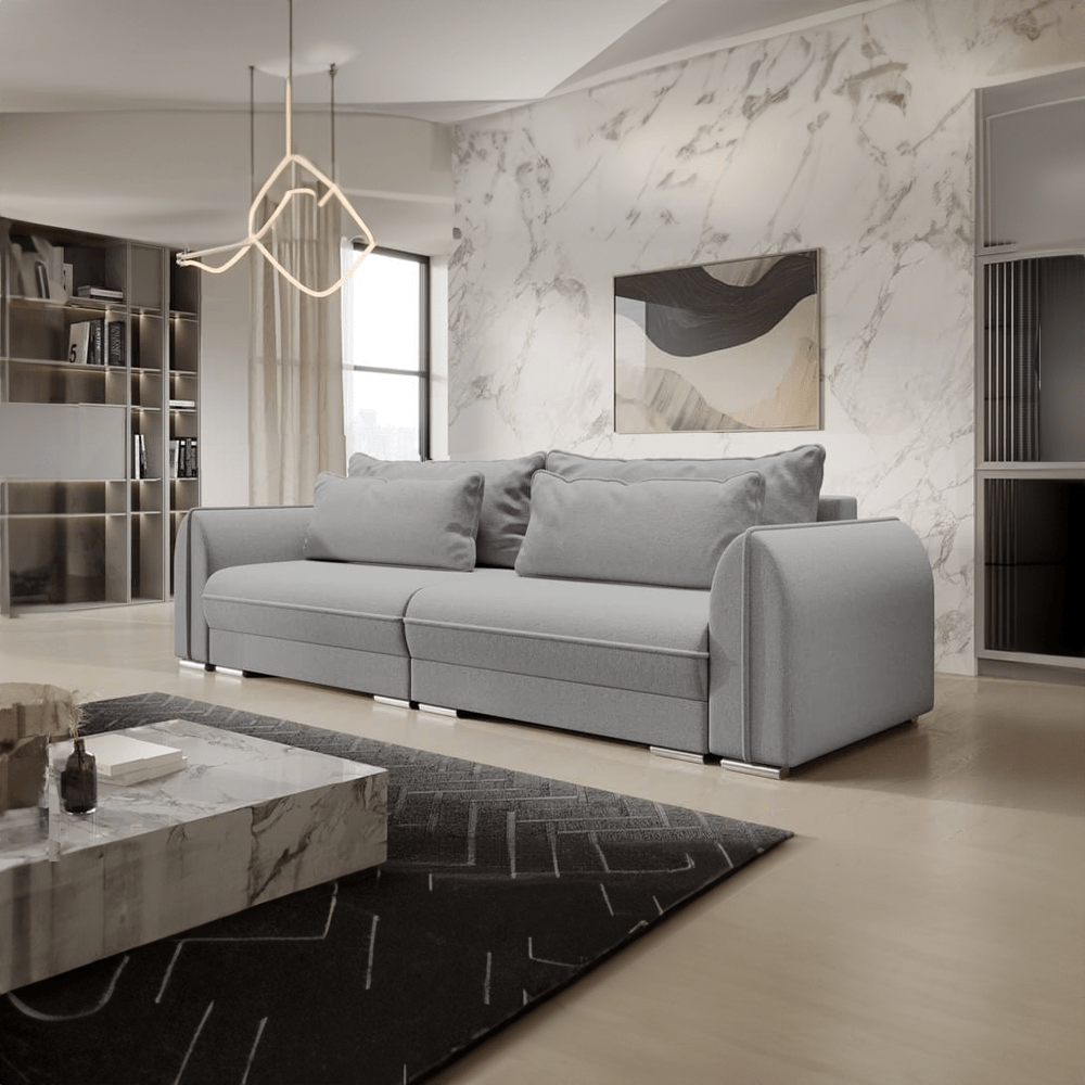 Canapea extensibilă dumonde cu ladă de depozitare si sezut confortabil din spuma HR, Denver Grey 300x100 cm Fabrica