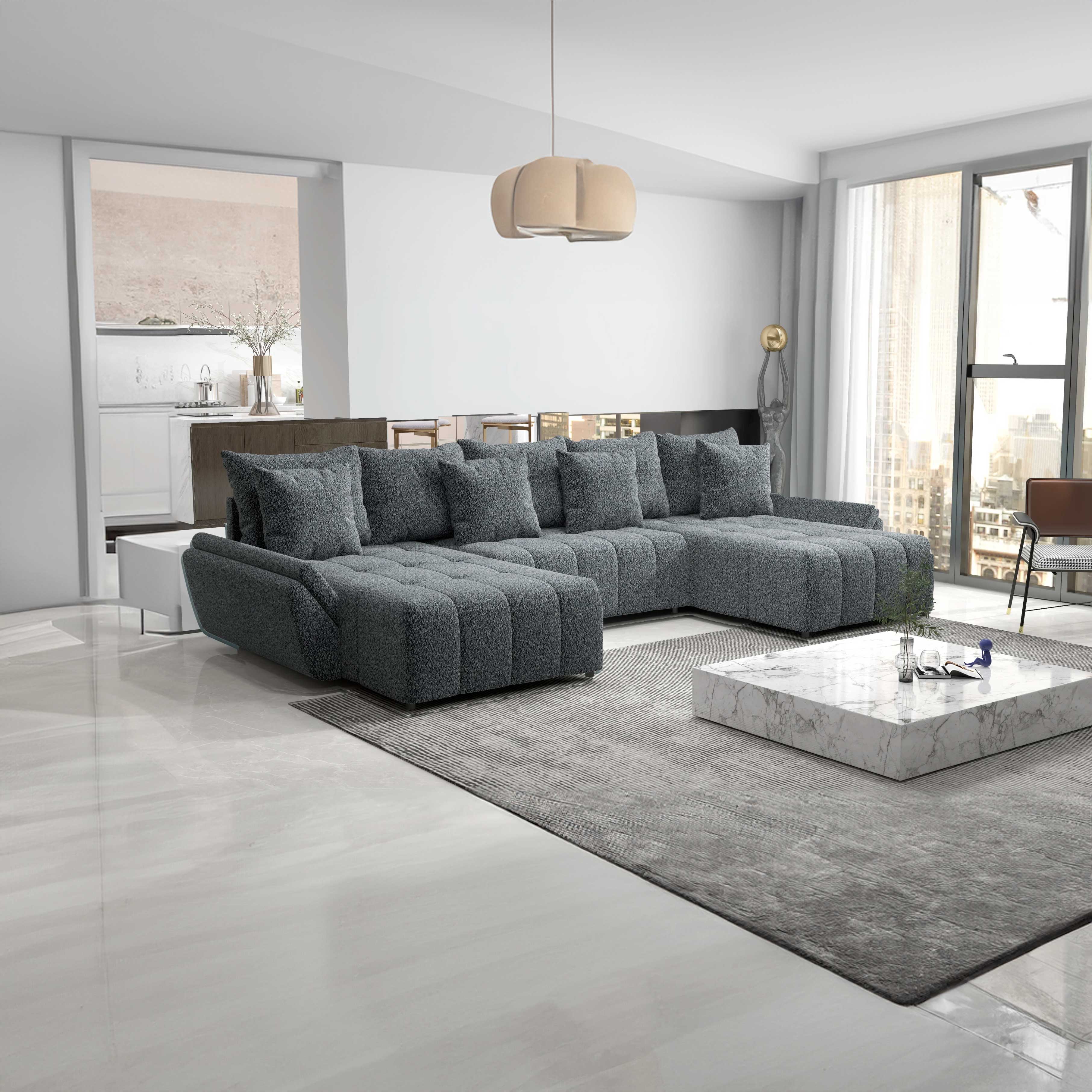 Colțar extensibil dumonde cu ladă de depozitare si sezut confortabil din spuma HR, Berlin U Euphoria Dark Grey 380x180 cm Fabrica