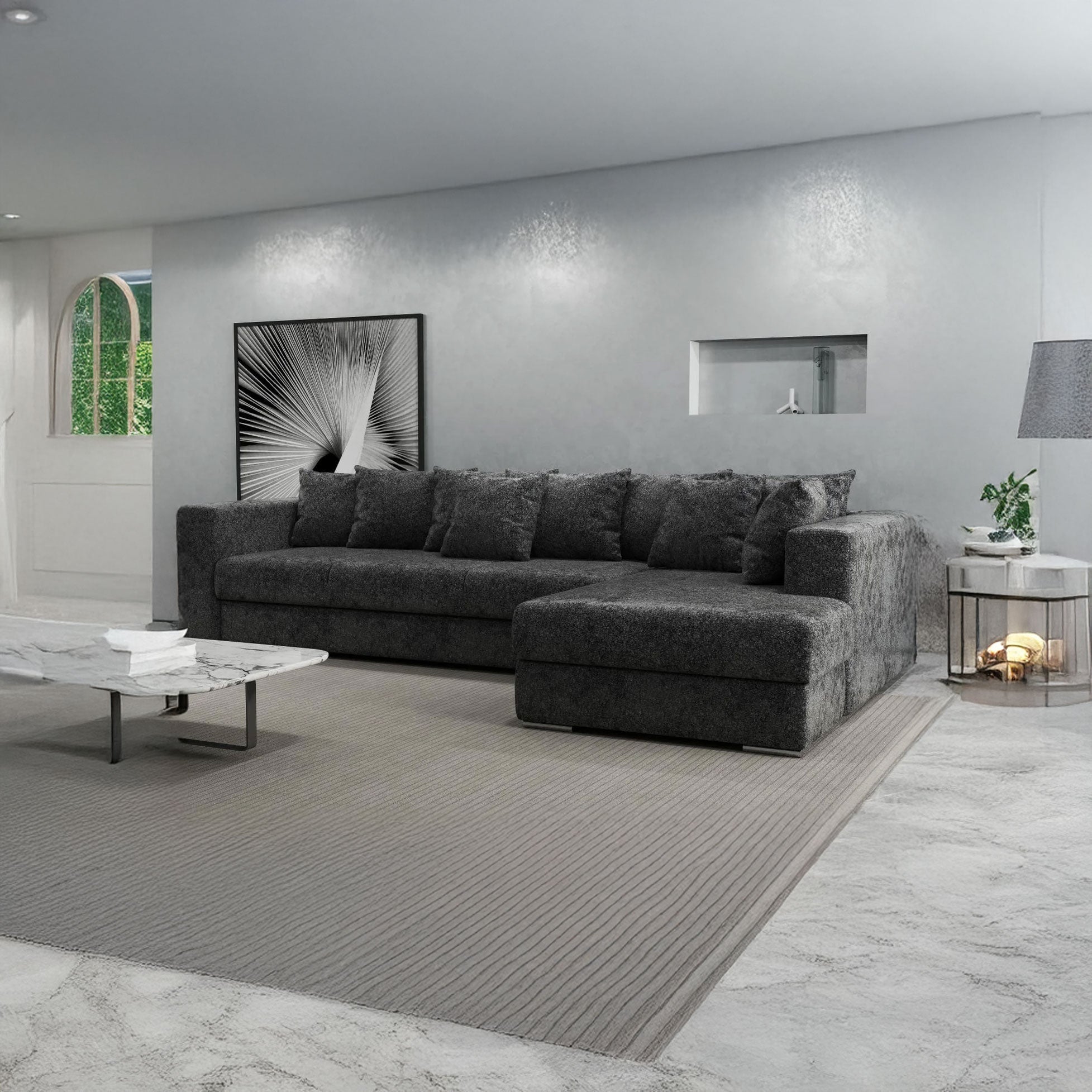 Colțar extensibil dumonde cu ladă de depozitare si sezut confortabil din spuma HR, Gloria Euphoria Black II 320x183 cm Fabrica