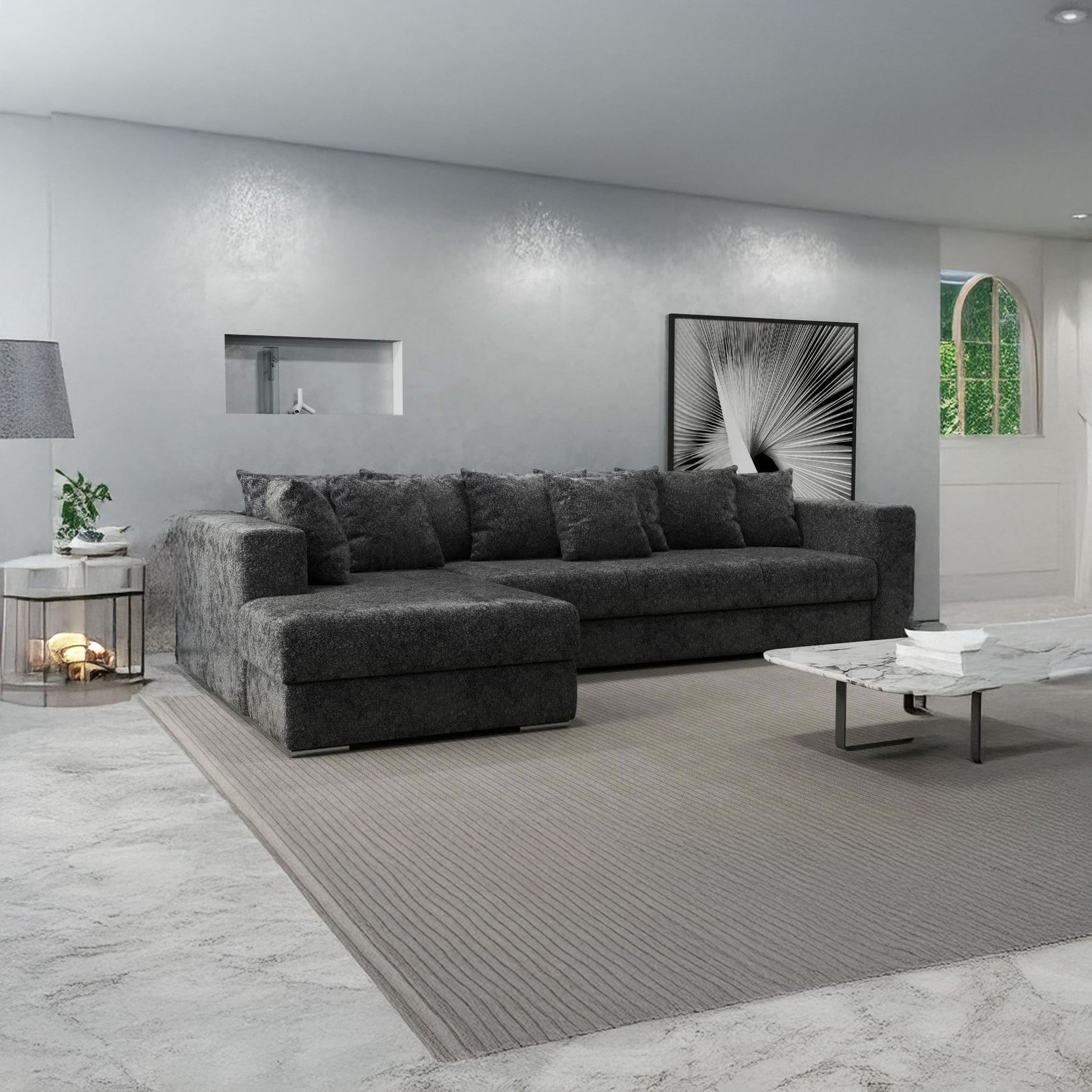 Colțar extensibil dumonde cu ladă de depozitare si sezut confortabil din spuma HR, Gloria Dark Gray Euphoria 320x183 cm Fabrica