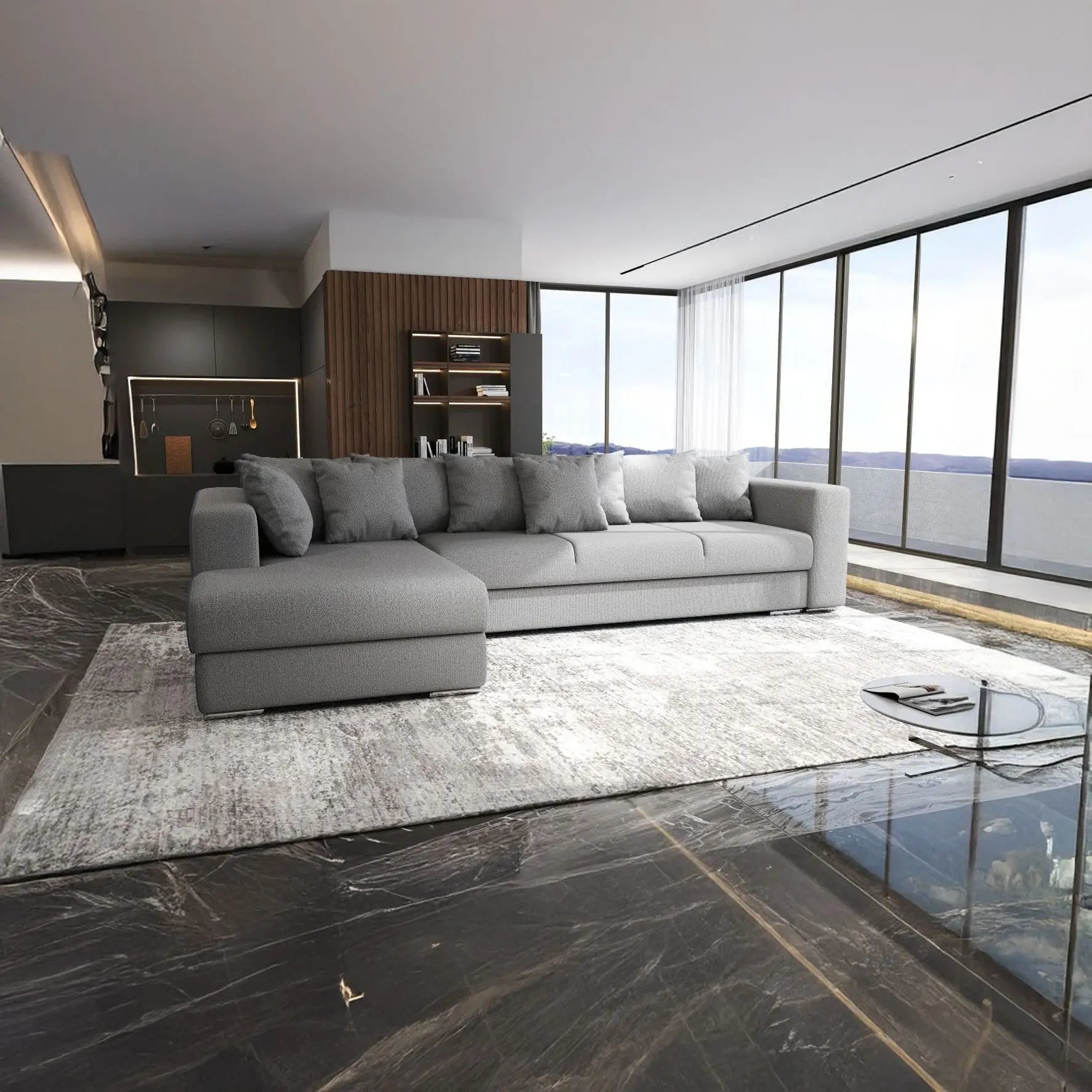 Colțar extensibil dumonde cu ladă de depozitare si sezut confortabil din spuma HR, Gloria Grey 320x183 cm Fabrica