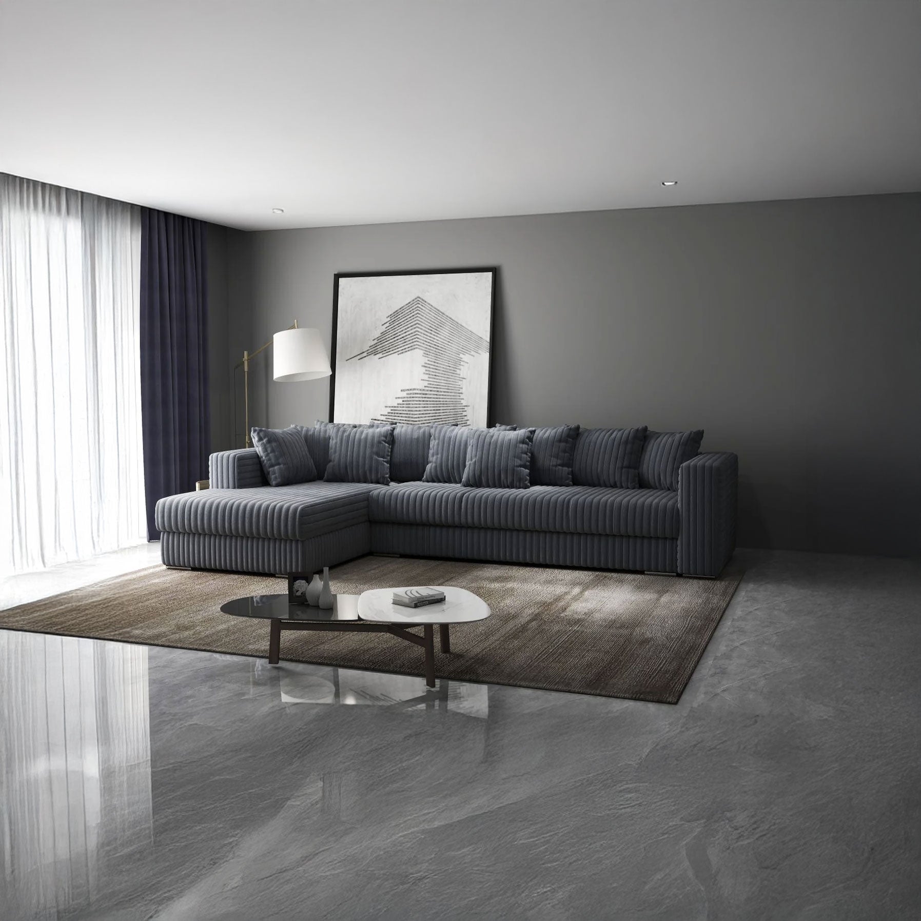 Colțar extensibil dumonde cu ladă de depozitare si sezut confortabil din spuma HR, Gloria Gri Ambience II 320x183 cm Fabrica
