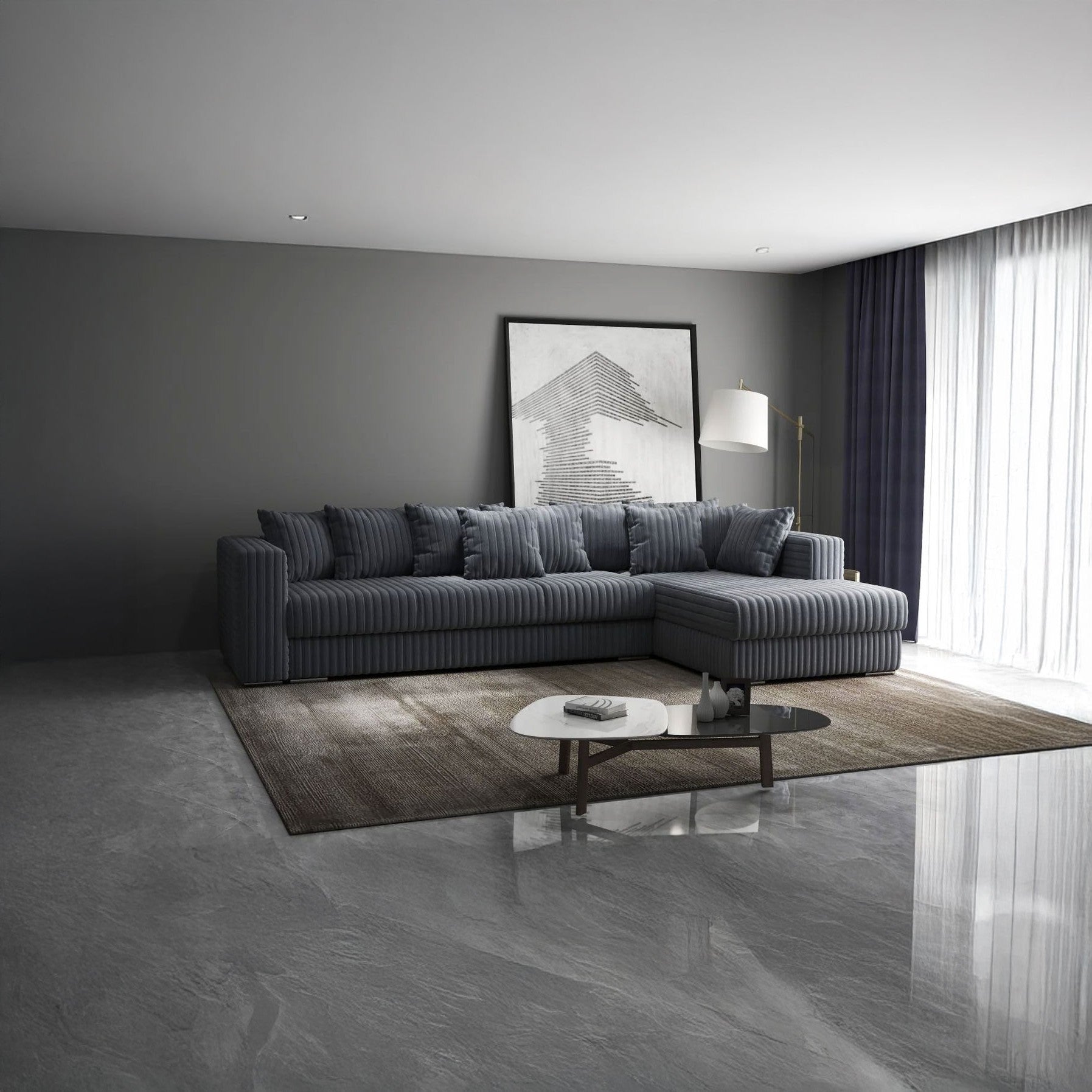 Colțar extensibil dumonde cu ladă de depozitare si sezut confortabil din spuma HR, Gloria Gri Ambience 320x183 cm Fabrica