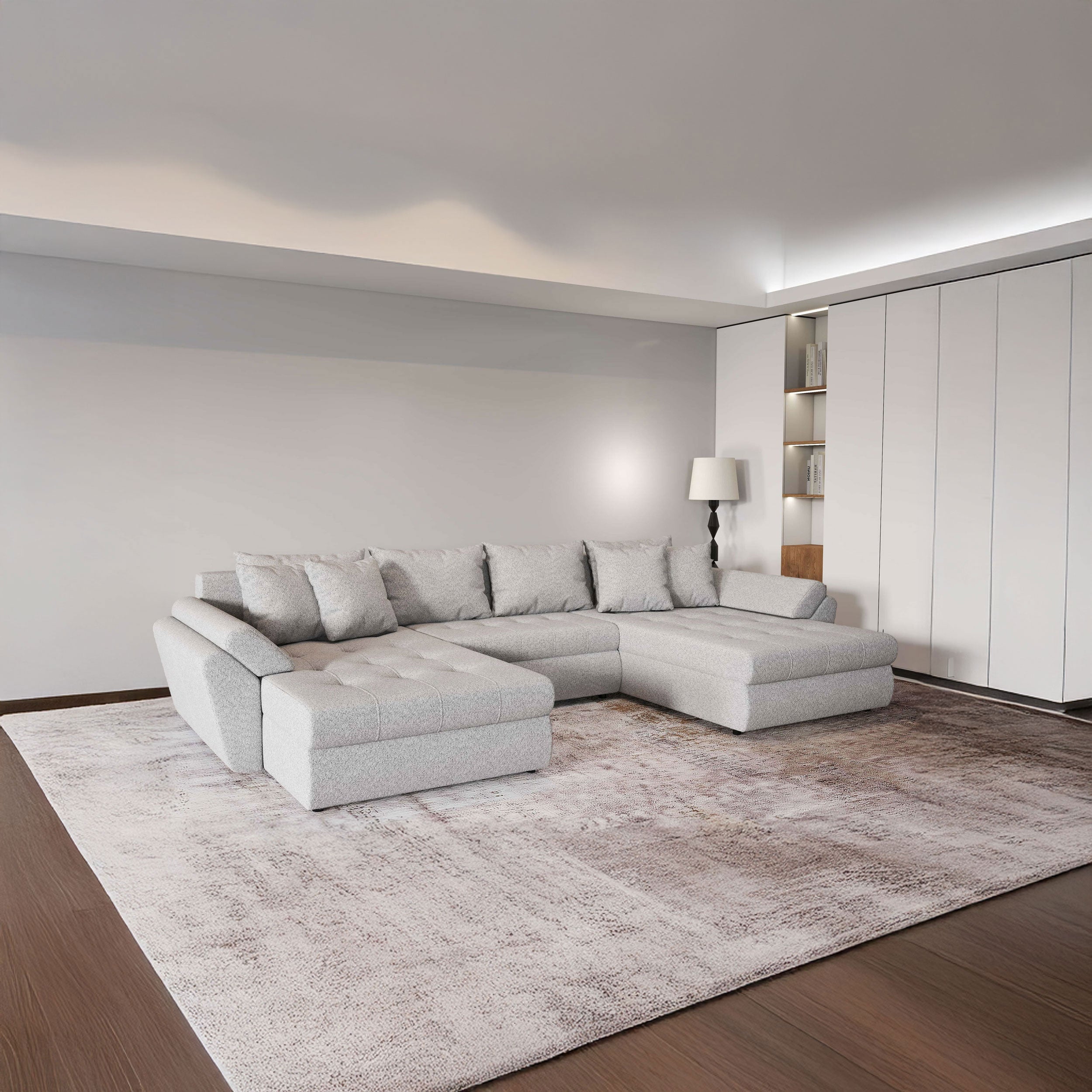 Colțar extensibil dumonde cu ladă de depozitare si sezut confortabil din spuma HR, Loana U Euphoria Dove 355x185 cm Fabrica