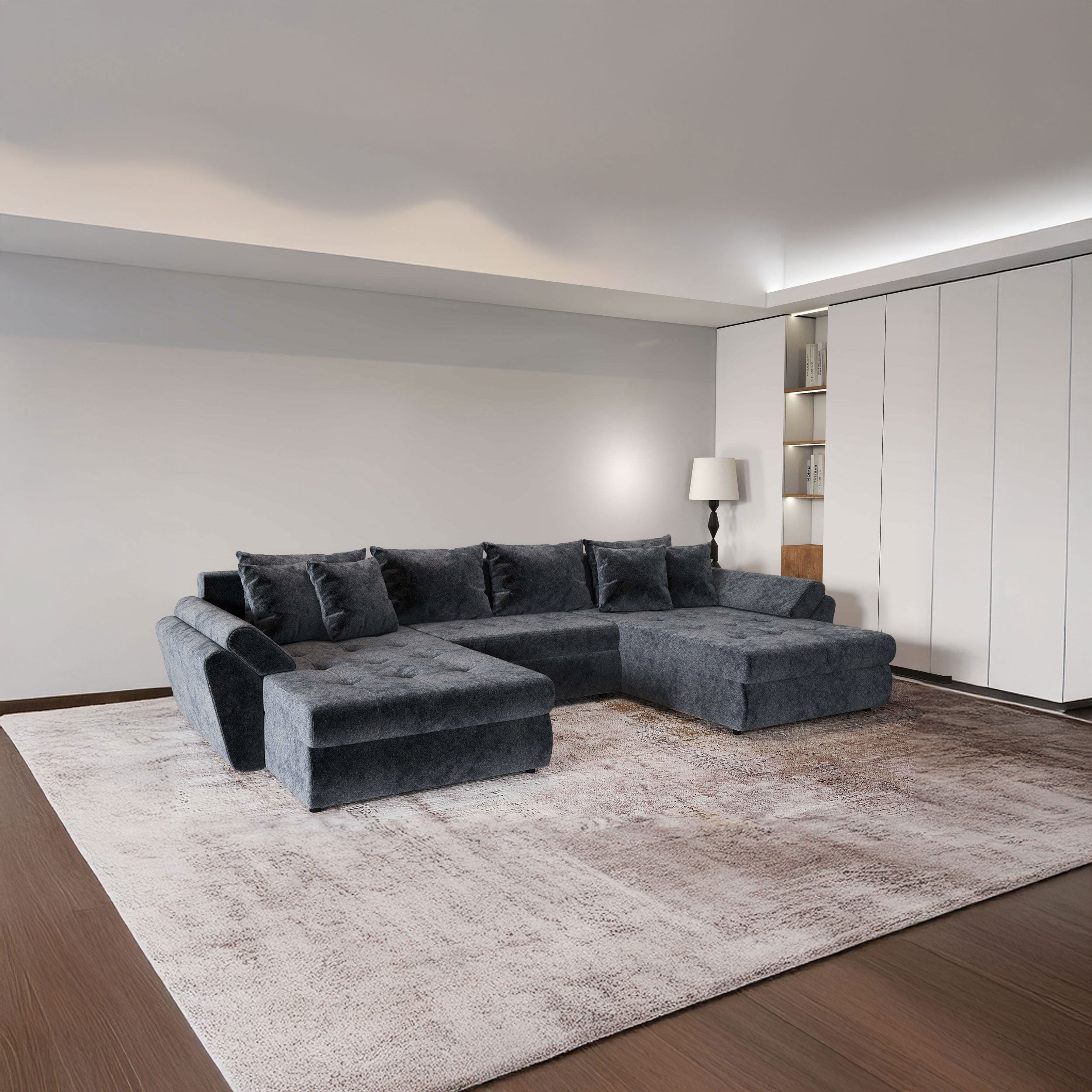 Colțar extensibil dumonde cu ladă de depozitare si sezut confortabil din spuma HR, Loana U Euphoria Grafit 355x185 cm Fabrica