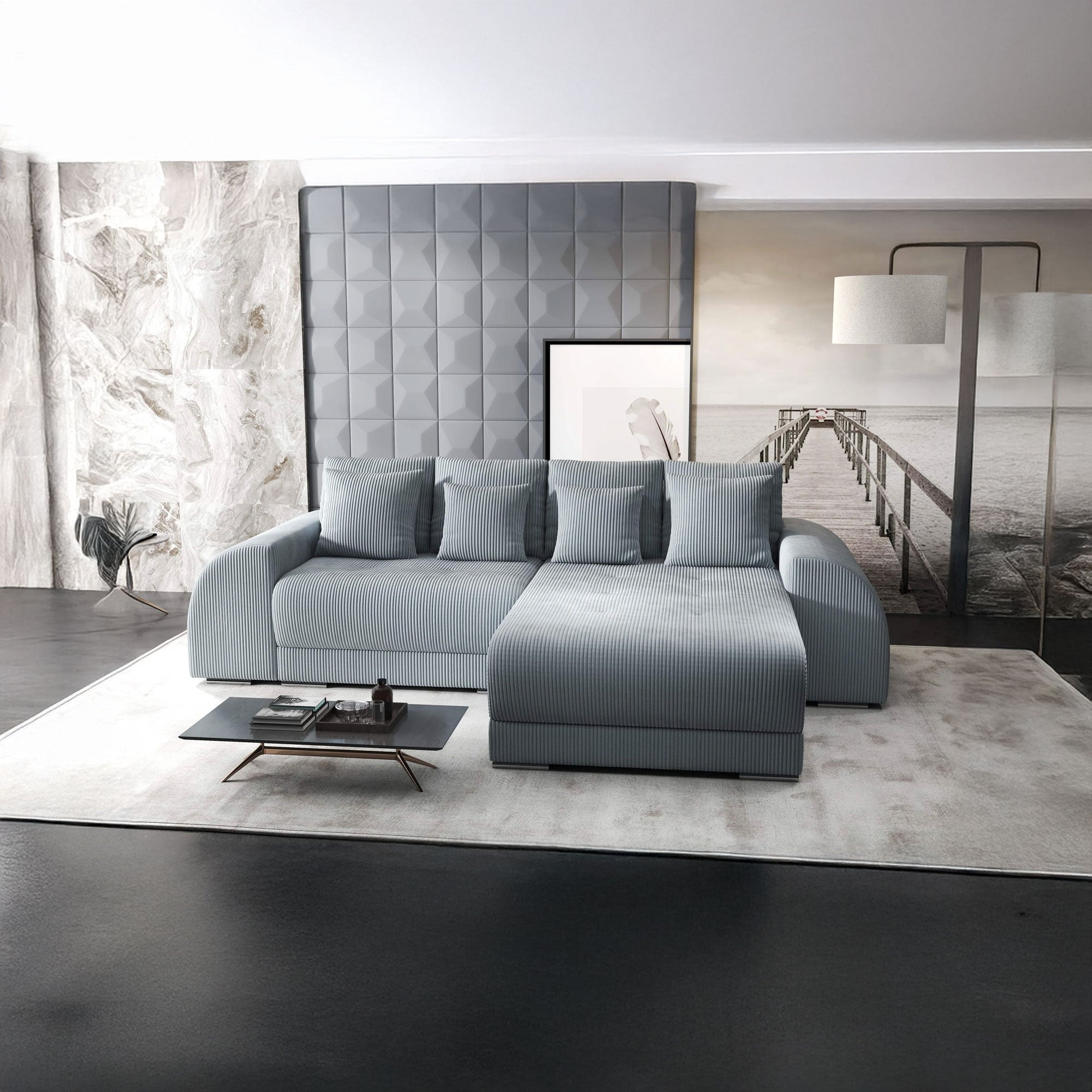 Colțar extensibil dumonde cu ladă de depozitare si sezut confortabil din spuma HR, Verona Zoom Gri II 290x185 cm Fabrica