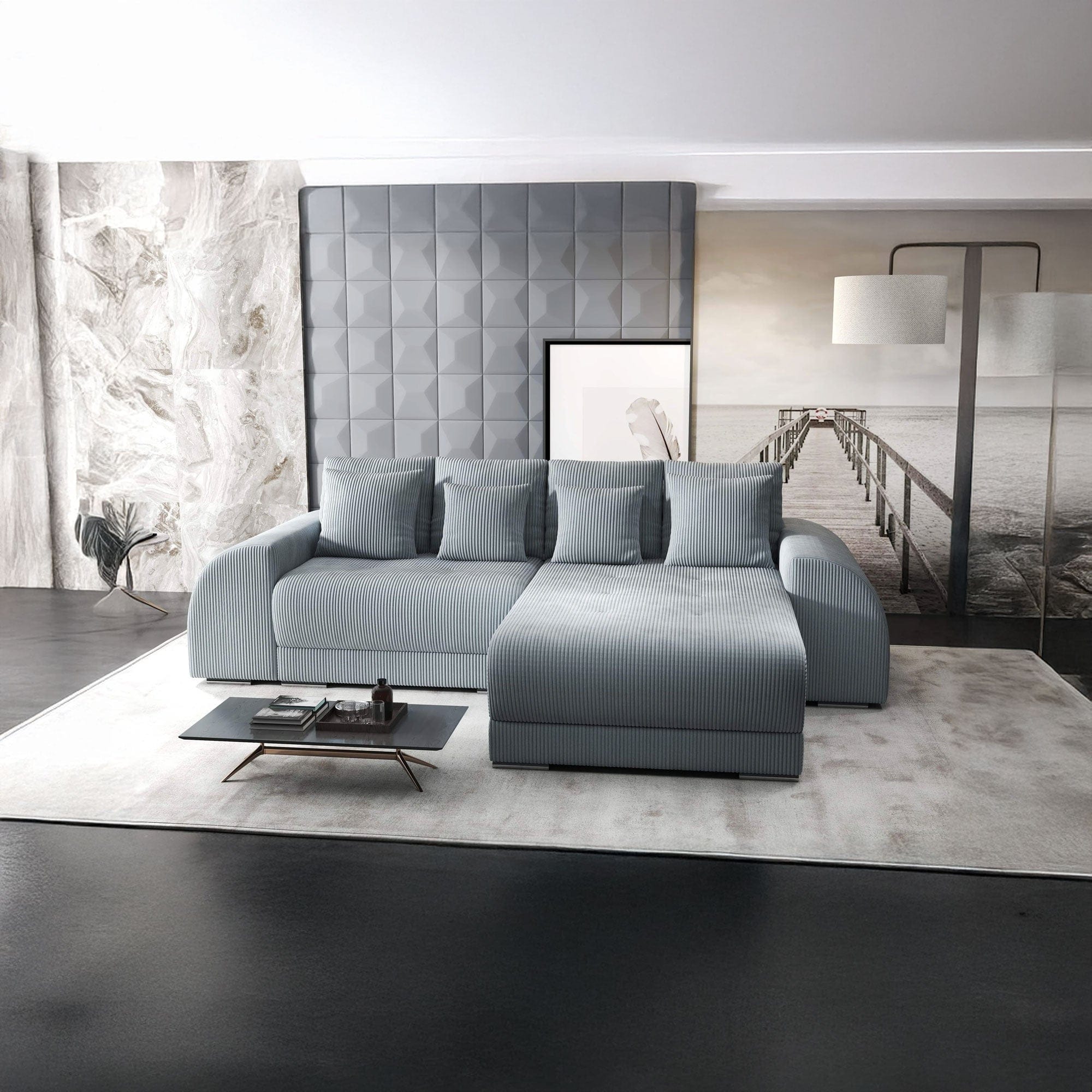 Colțar extensibil dumonde cu ladă de depozitare si sezut confortabil din spuma HR, Verona Zoom Gri II 290x185 cm Fabrica