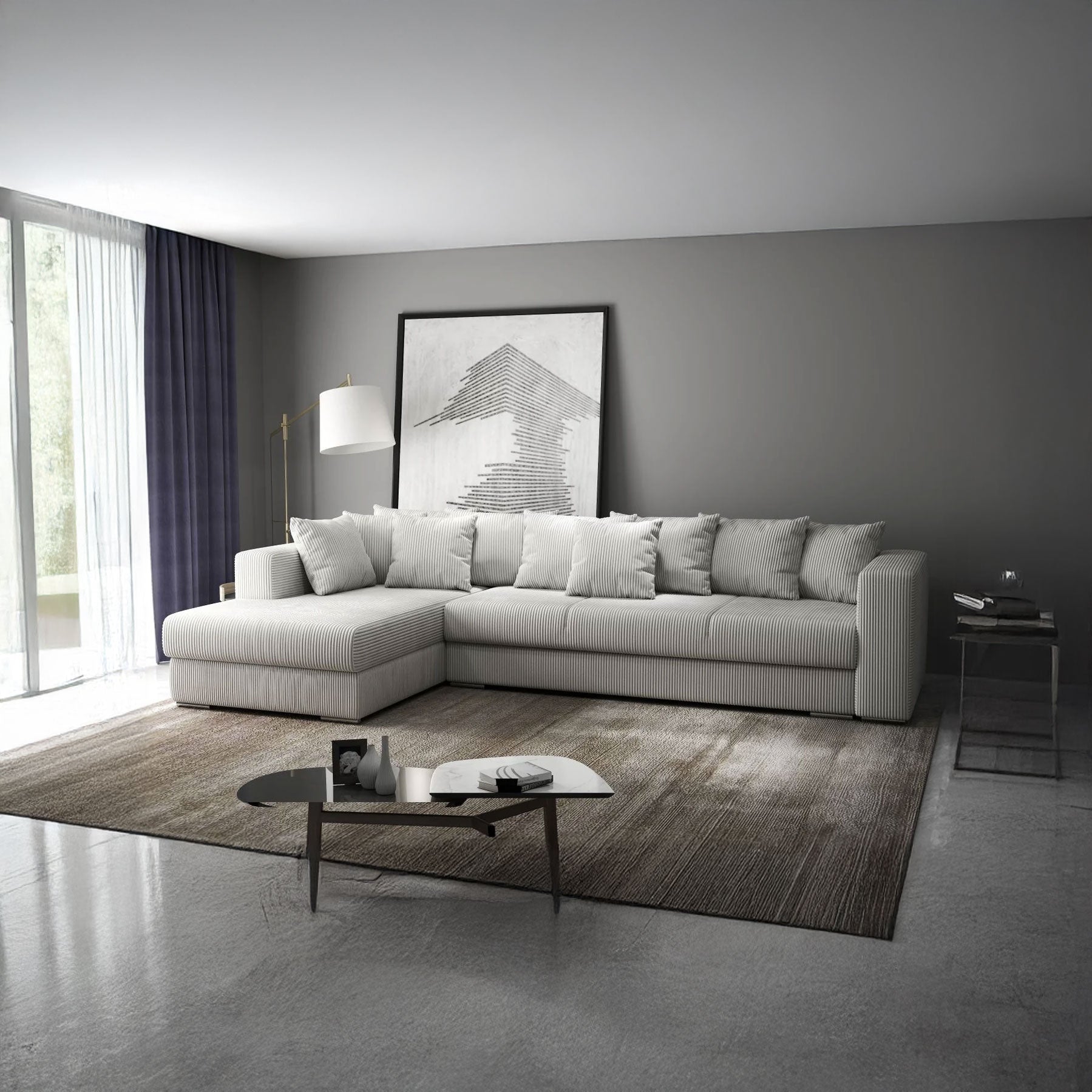 Colțar extensibil dumonde cu ladă de depozitare si sezut confortabil din spuma HR, Gloria Gri Zoom 320x183 cm Fabrica