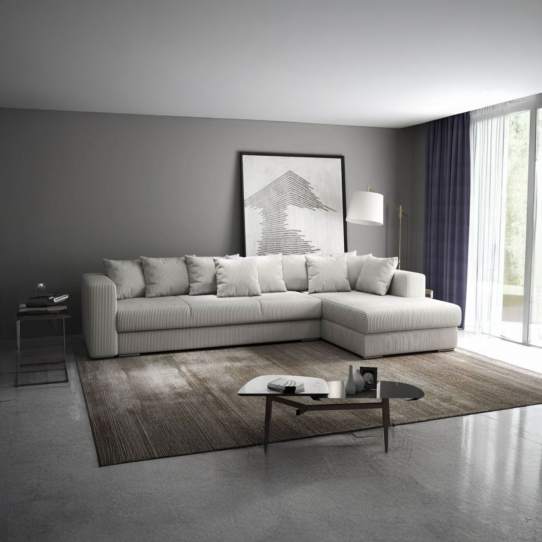 Colțar extensibil dumonde cu ladă de depozitare si sezut confortabil din spuma HR, Gloria Zoom Cream II 320x183 cm Fabrica