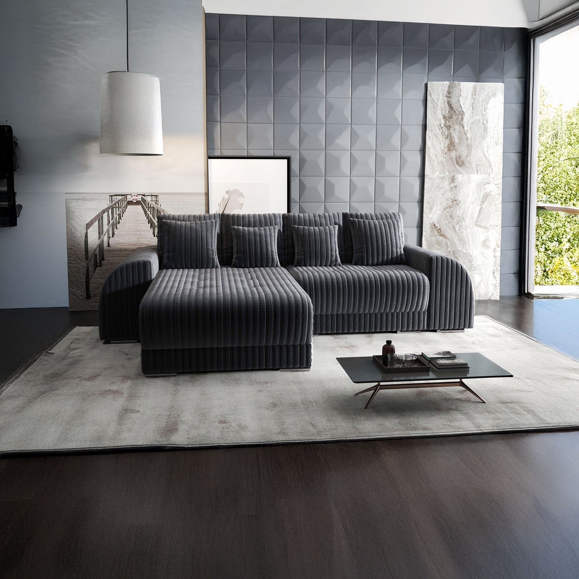 Colțar extensibil dumonde cu ladă de depozitare si sezut confortabil din spuma HR, Verona Ambience Gri 290x185 cm Fabrica