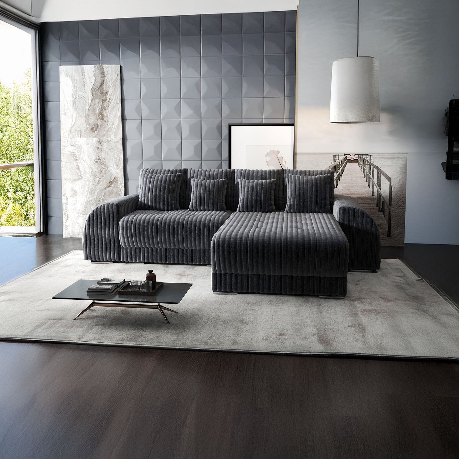 Colțar extensibil dumonde cu ladă de depozitare si sezut confortabil din spuma HR, Verona Ambience Gri II 290x185 cm Fabrica