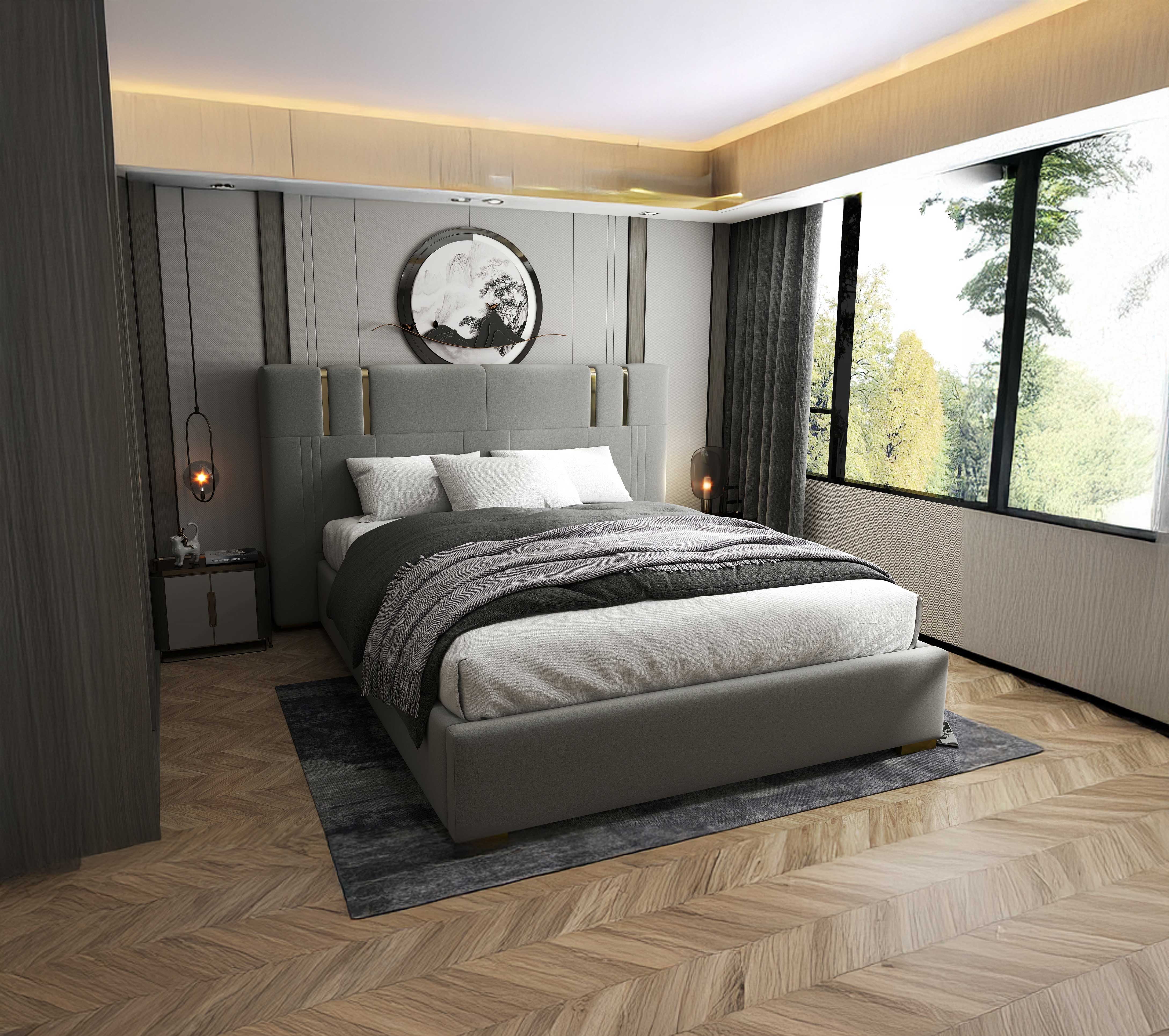 Pat dormitor dumonde, tapitat gri, Hamburg 180x200 cm, somiera rabatabila inclusa, spatiu depozitare WLS