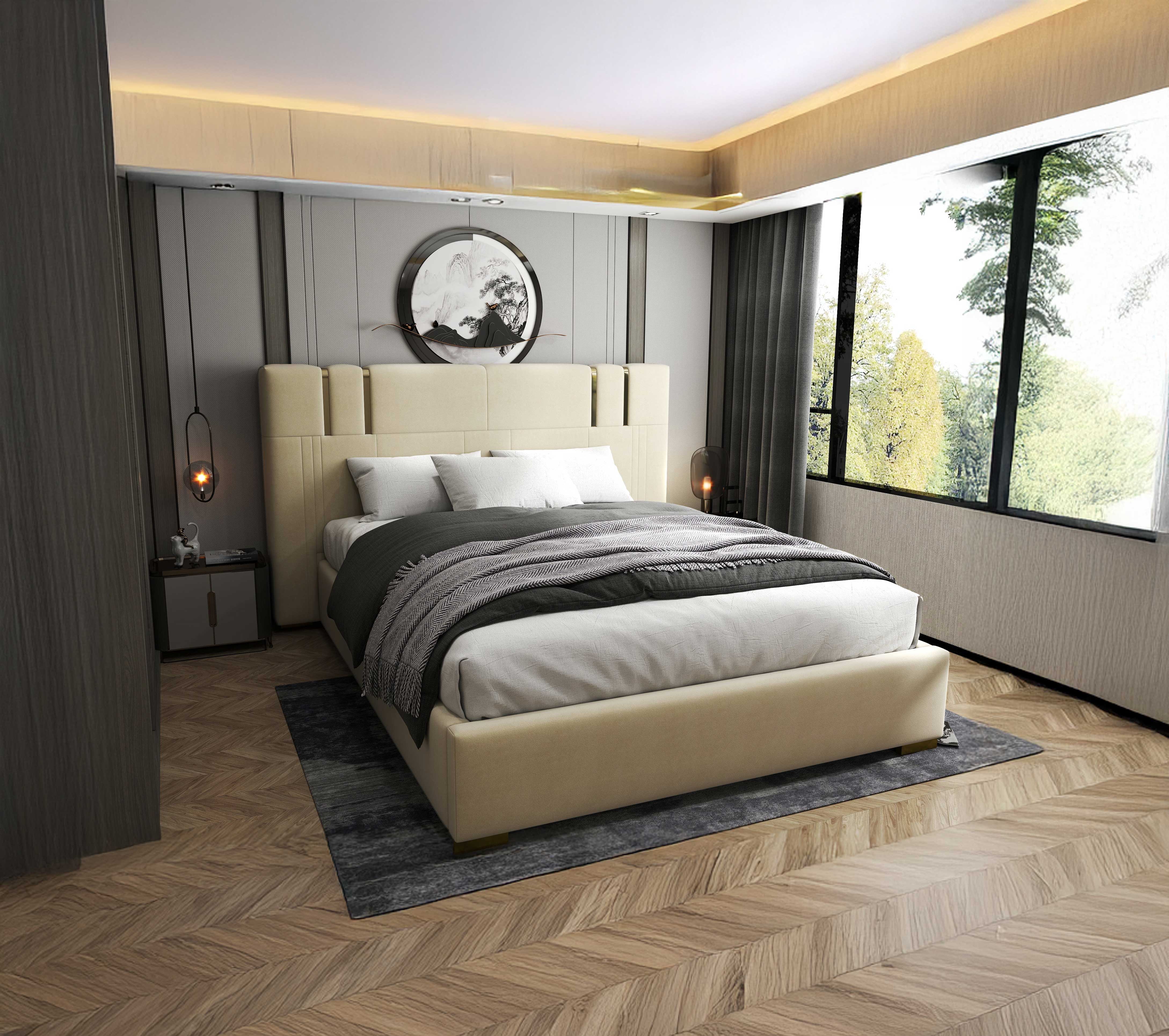 Pat dormitor dumonde, tapitat bej, Hamburg 160x200 cm, somiera rabatabila inclusa, spatiu depozitare WLS