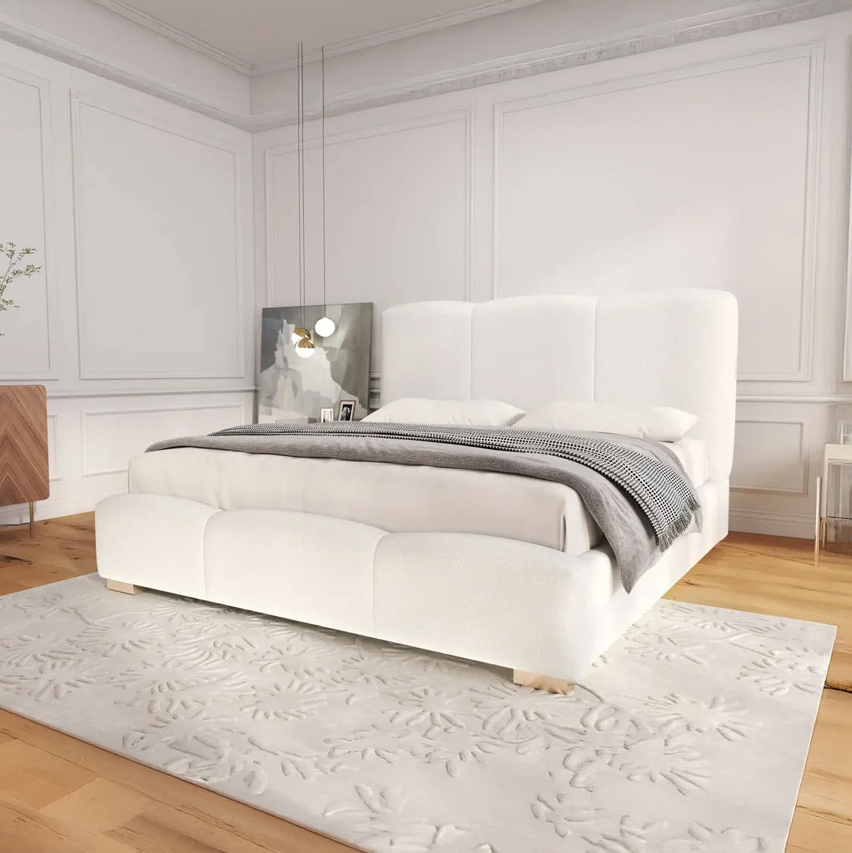 Pat dormitor dumonde, tapitat alb, Havana 140x200 cm, somiera rabatabila inclusa, spatiu depozitare