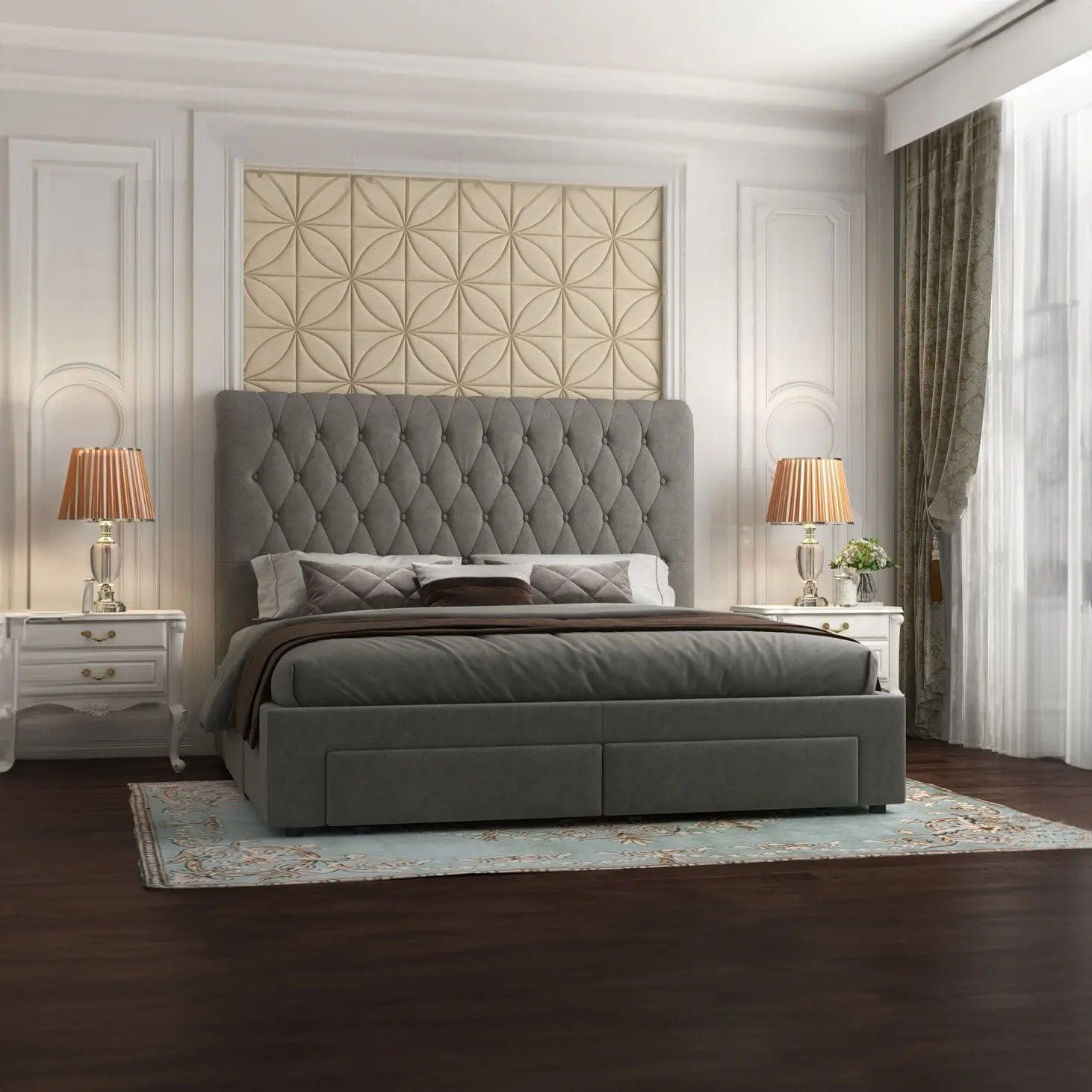 Pat dormitor dumonde, tapitat gri, Hypnos 160x200 cm, somiera inclusa, spatiu depozitare