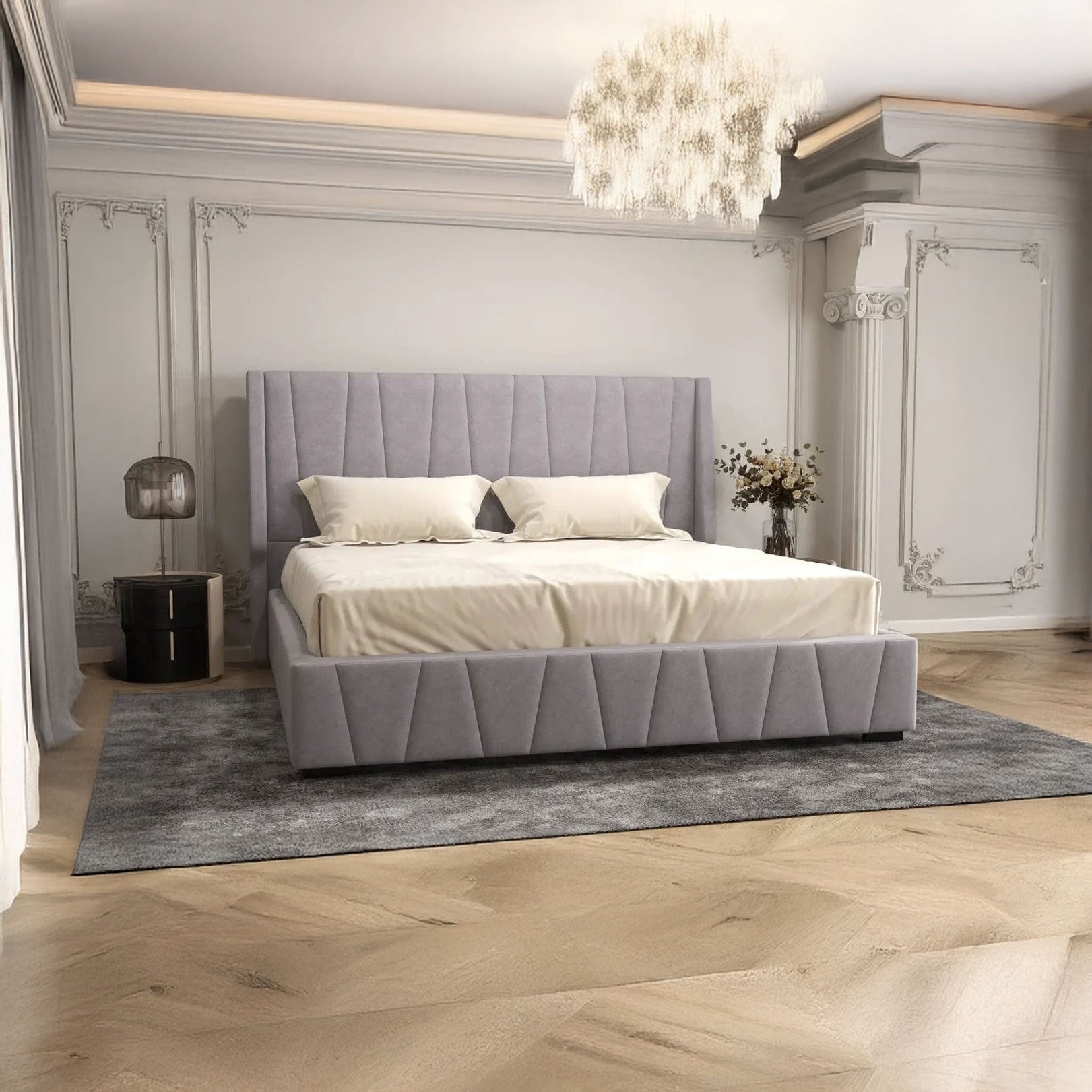 Pat dormitor dumonde, tapitat gri, Ibiza 180x200 cm, somiera rabatabila inclusa, spatiu depozitare LFG