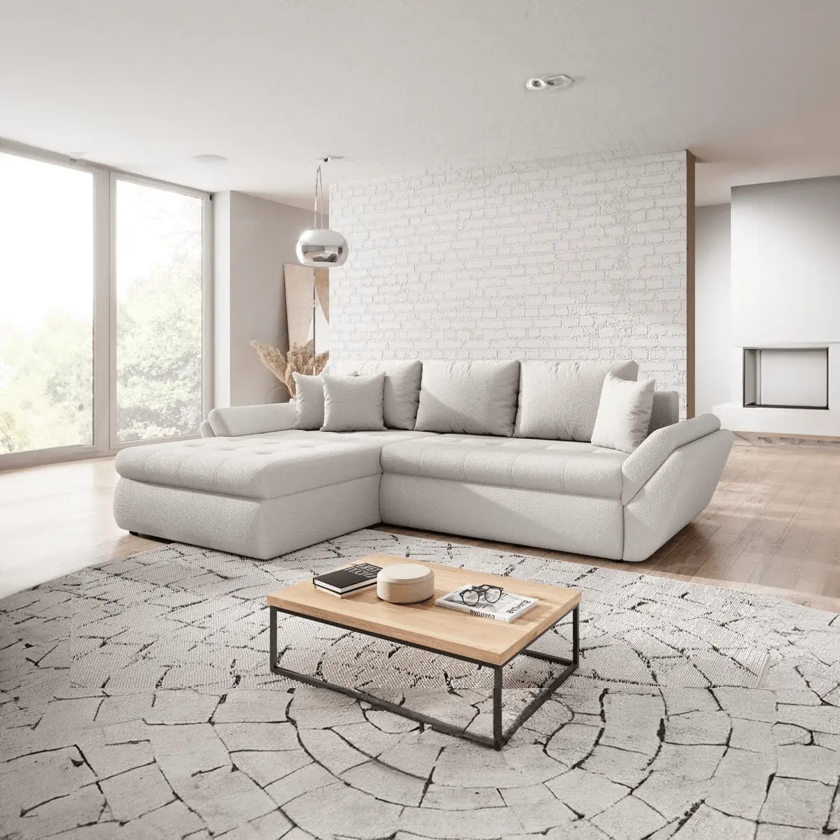 Colțar extensibil dumonde cu ladă de depozitare si sezut confortabil din spuma HR, Loana Euphoria Ivory 270x185 cm Fabrica