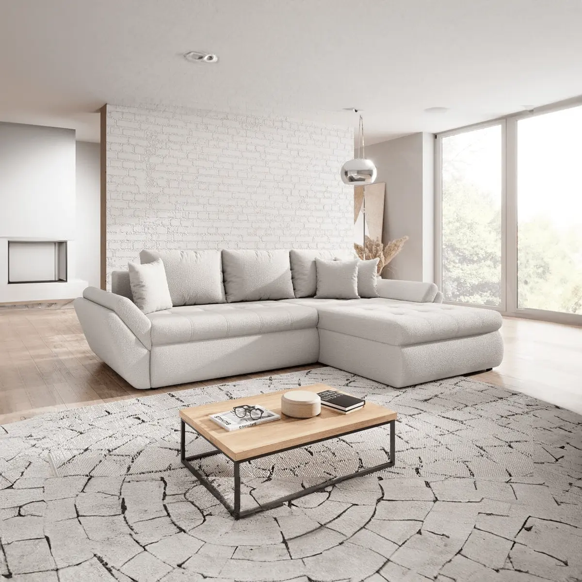 Colțar extensibil dumonde cu ladă de depozitare si sezut confortabil din spuma HR, Loana Euphoria Ivory II 270x185 cm Fabrica