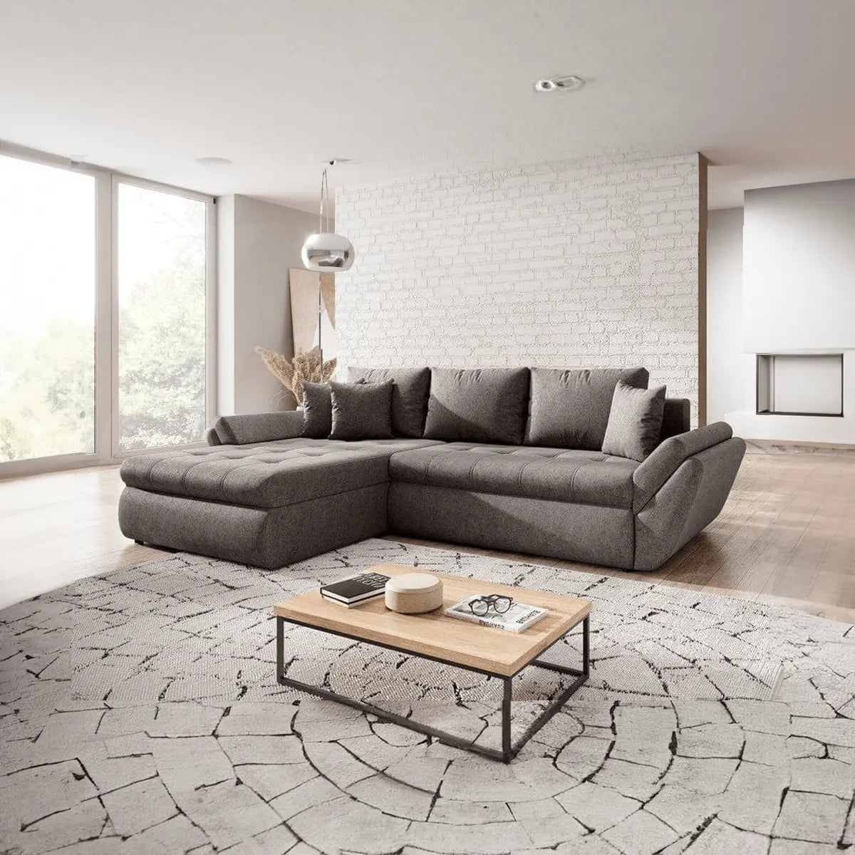 Colțar extensibil dumonde cu ladă de depozitare si sezut confortabil din spuma HR, Loana Enjoy Kaki II 270x185 cm