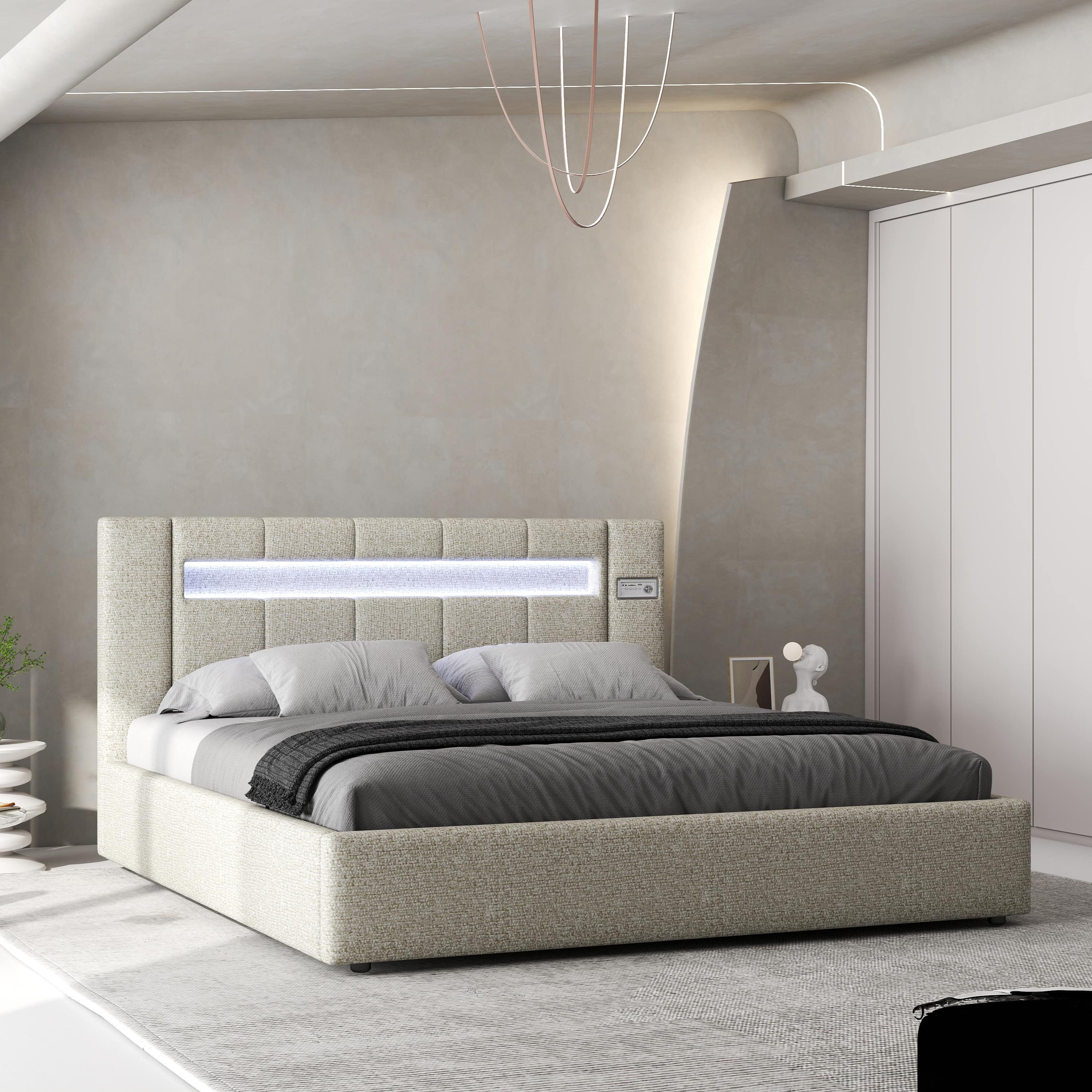 Pat dormitor dumonde, tapitat gri, Glow 180x200 cm, somiera rabatabila inclusa, spatiu depozitare WLS