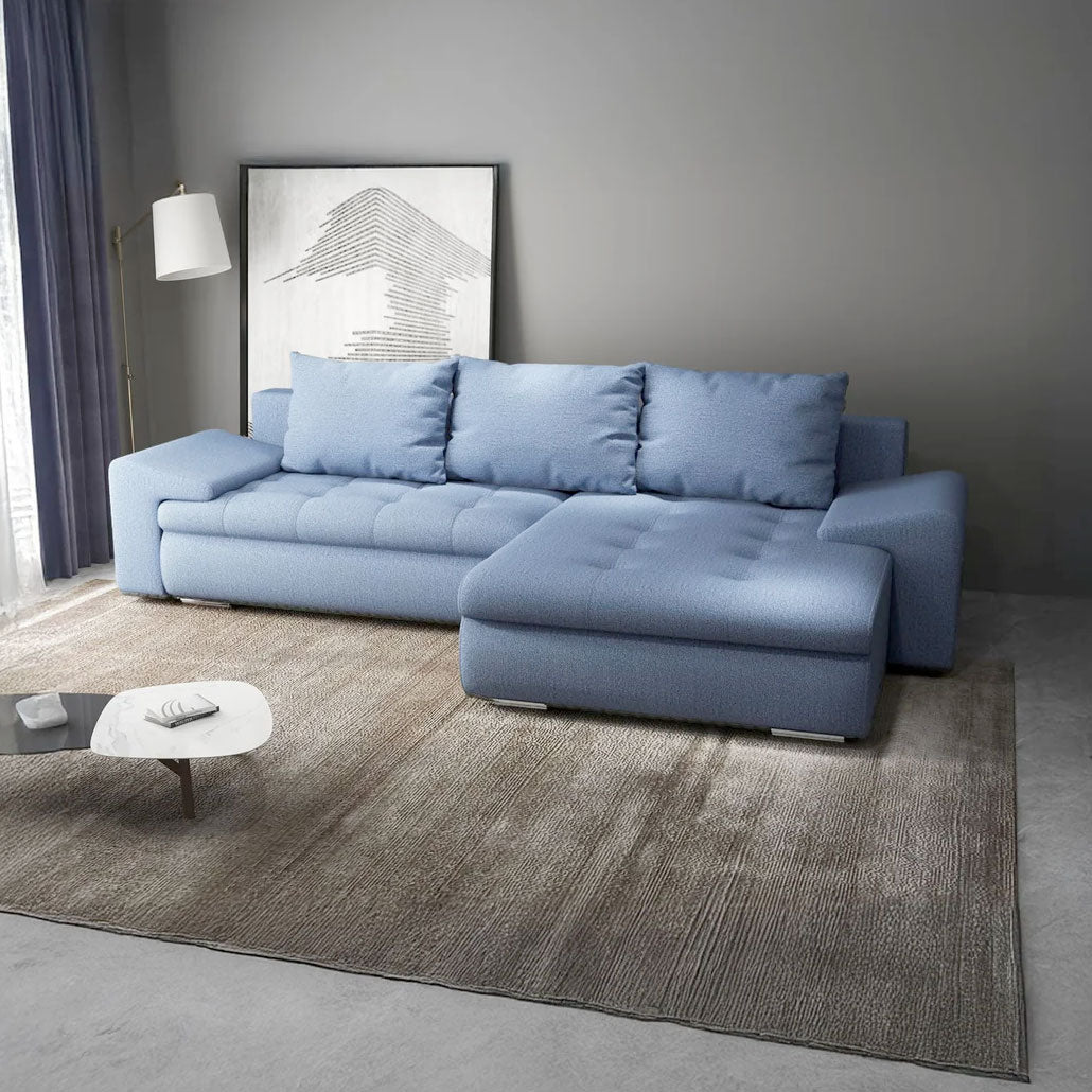 Colțar extensibil dumonde cu ladă de depozitare si sezut confortabil din spuma HR, Leonardo Enjoy Albastru 260x185 cm II Fabrica