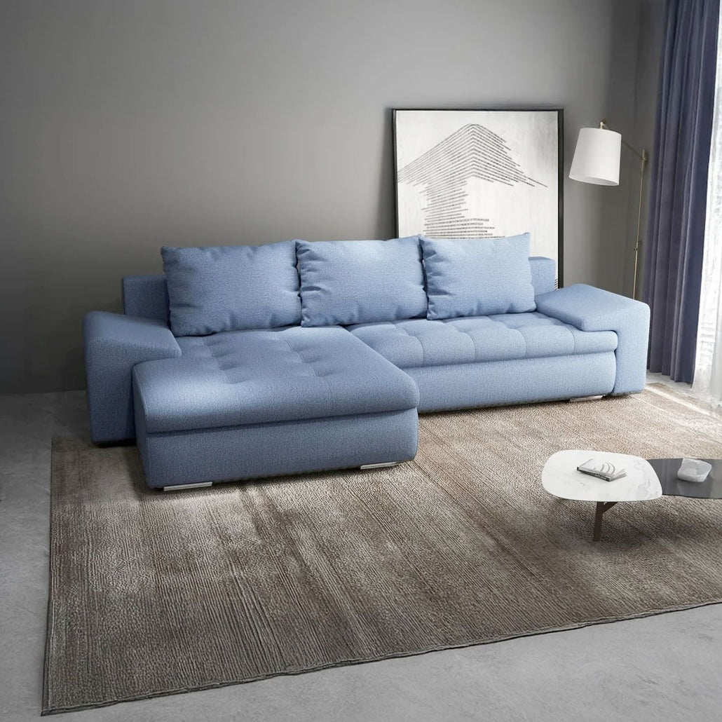 Colțar extensibil dumonde cu ladă de depozitare si sezut confortabil din spuma HR, Leonardo Enjoy Albastru 255x193 cm