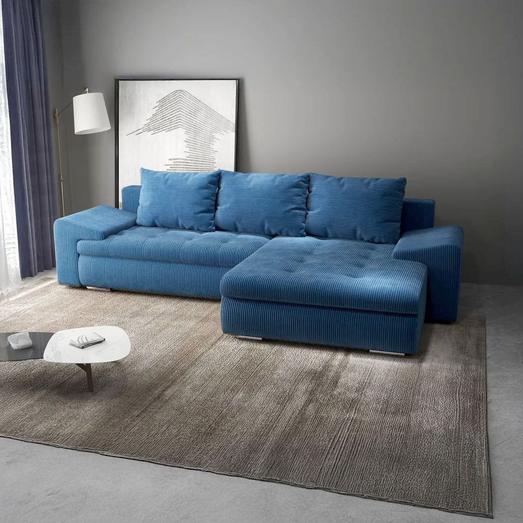 Colțar extensibil dumonde cu ladă de depozitare si sezut confortabil din spuma HR, Leonardo Zoom Albastru 260x185 cm II Fabrica