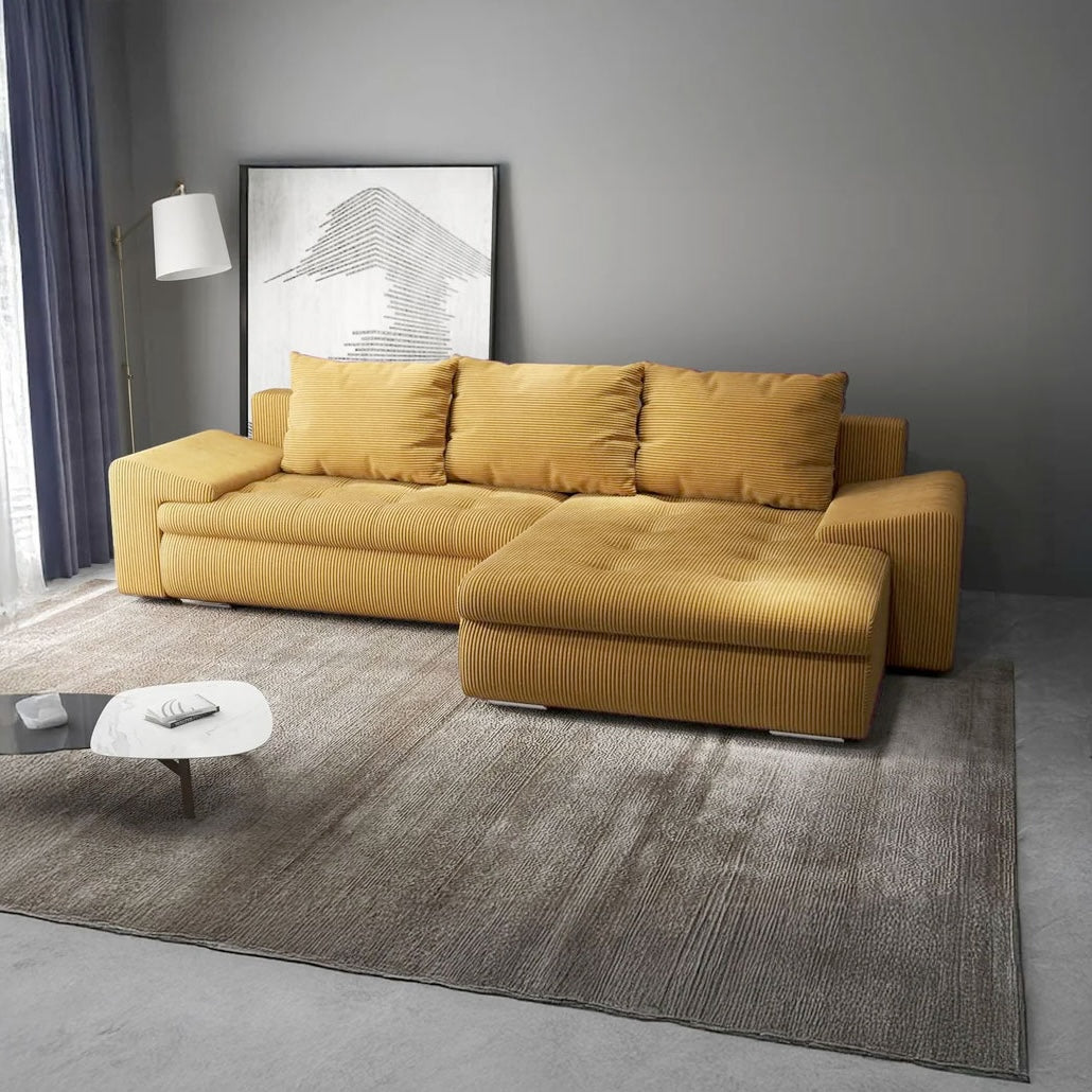 Colțar extensibil dumonde cu ladă de depozitare si sezut confortabil din spuma HR, Leonardo Zoom Mustar 255x193 cm II Fabrica