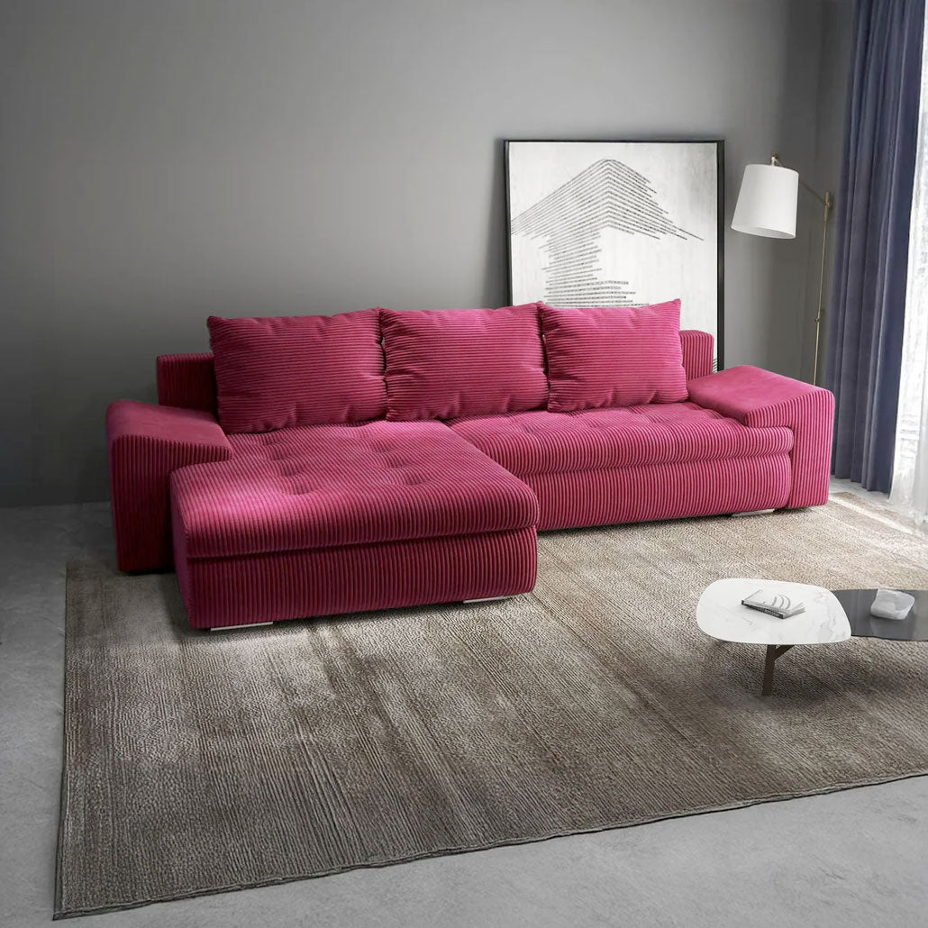 Colțar extensibil dumonde cu ladă de depozitare si sezut confortabil din spuma HR, Leonardo Zoom Rosu 255x193 cm