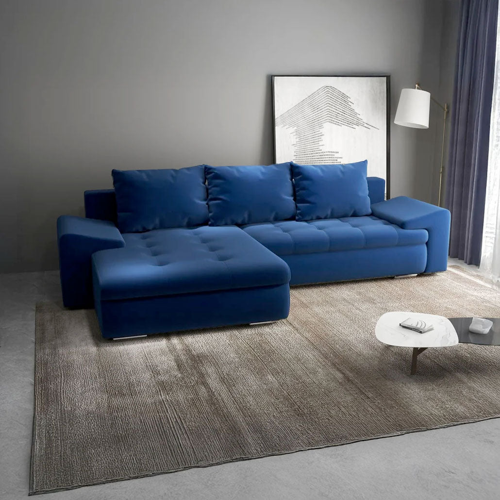 Colțar extensibil dumonde cu ladă de depozitare si sezut confortabil din spuma HR, Leonardo Royal Albastru 255x193 cm