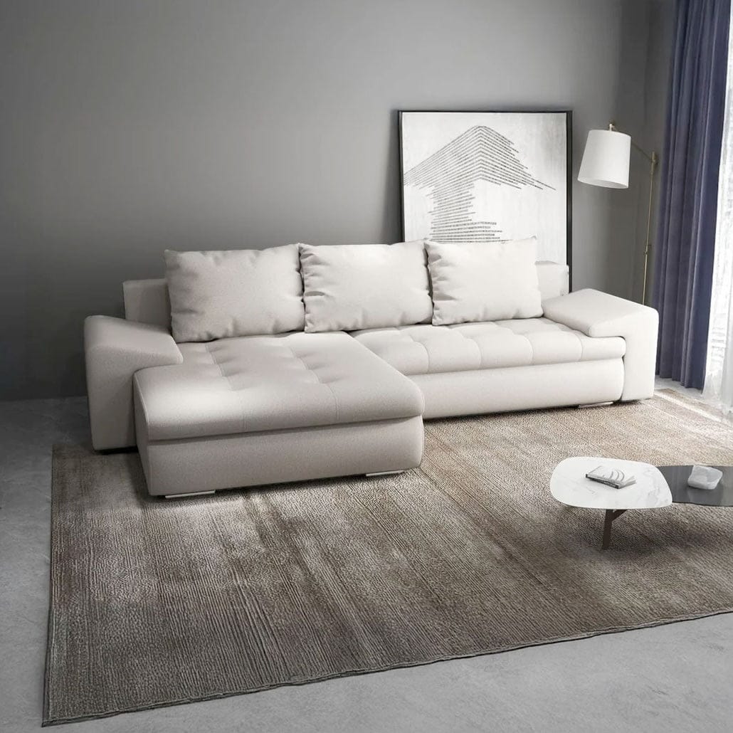 Colțar extensibil dumonde cu ladă de depozitare si sezut confortabil din spuma HR, Leonardo Enjoy Bej 260x185 cm Fabrica