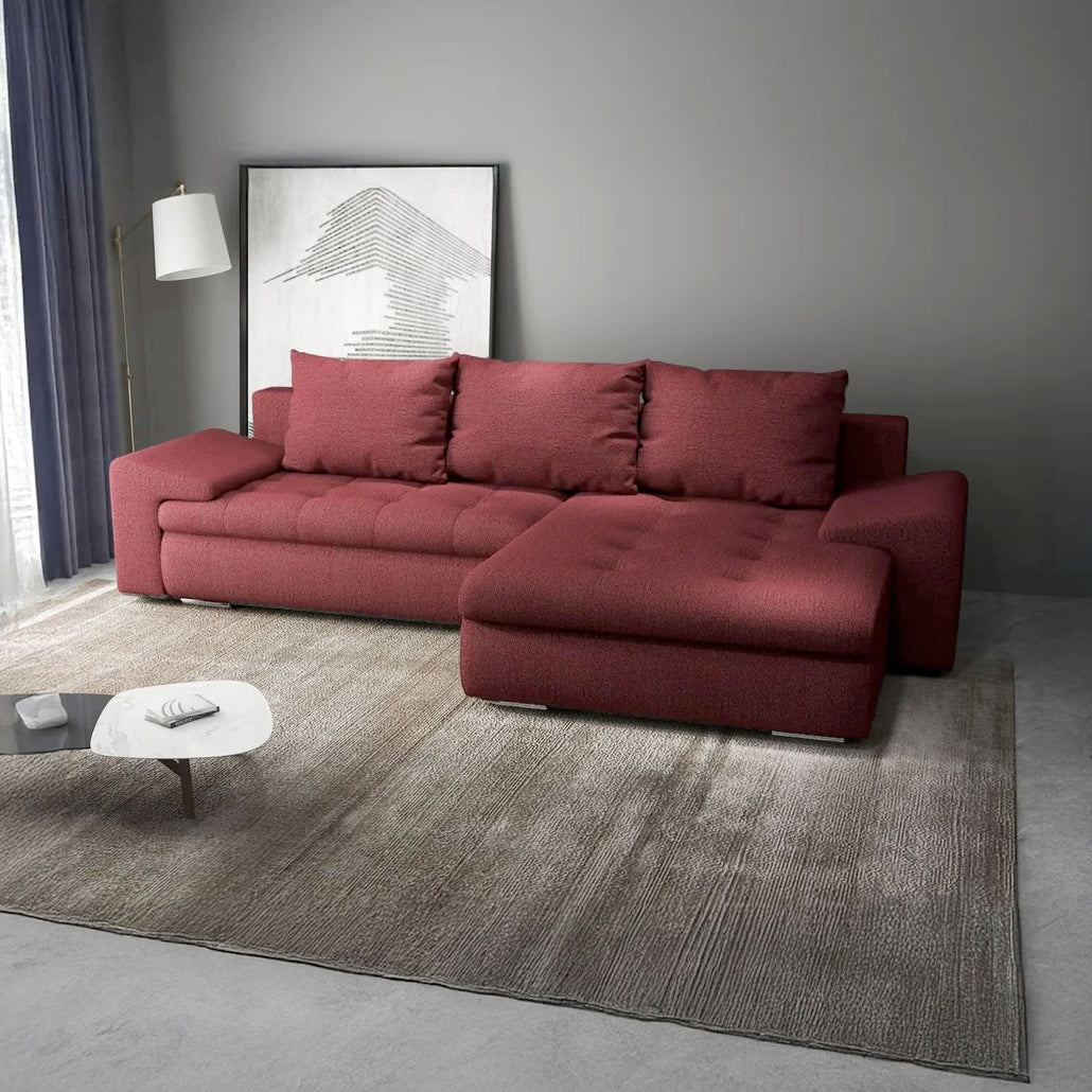 Colțar extensibil dumonde cu ladă de depozitare si sezut confortabil din spuma HR, Leonardo Enjoy Rosu 260x185 cm II Fabrica