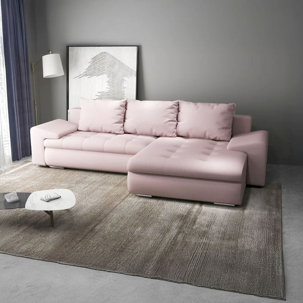 Colțar extensibil dumonde cu ladă de depozitare si sezut confortabil din spuma HR, Leonardo Enjoy Roz 260x185 cm II Fabrica