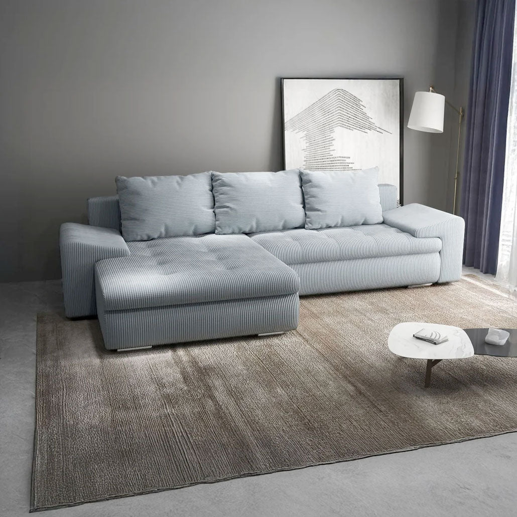 Colțar extensibil dumonde cu ladă de depozitare si sezut confortabil din spuma HR, Leonardo Zoom Grey 255x193 cm
