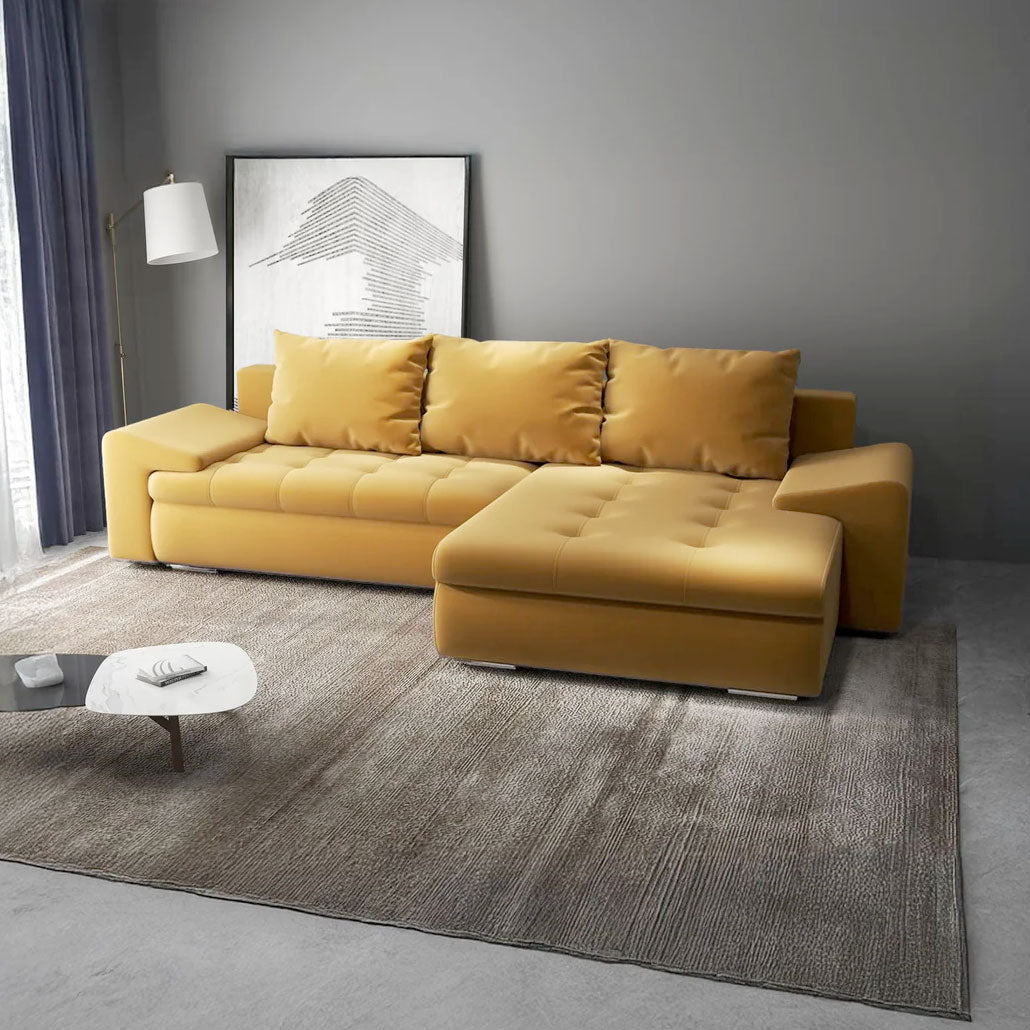 Colțar extensibil dumonde cu ladă de depozitare si sezut confortabil din spuma HR, Leonardo Royal Mustar 260x185 cm II Fabrica