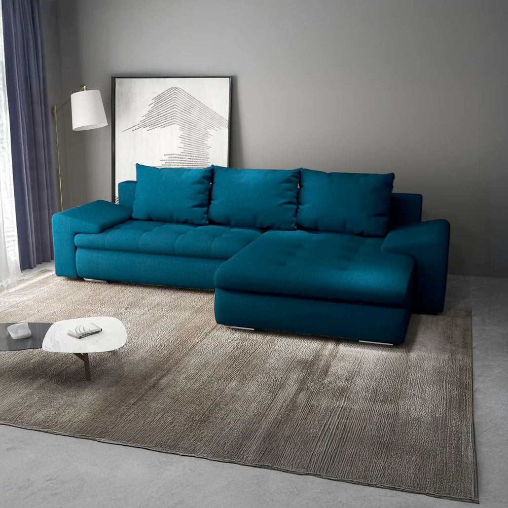 Colțar extensibil dumonde cu ladă de depozitare si sezut confortabil din spuma HR, Leonardo Enjoy Petrol 260x185 cm II Fabrica