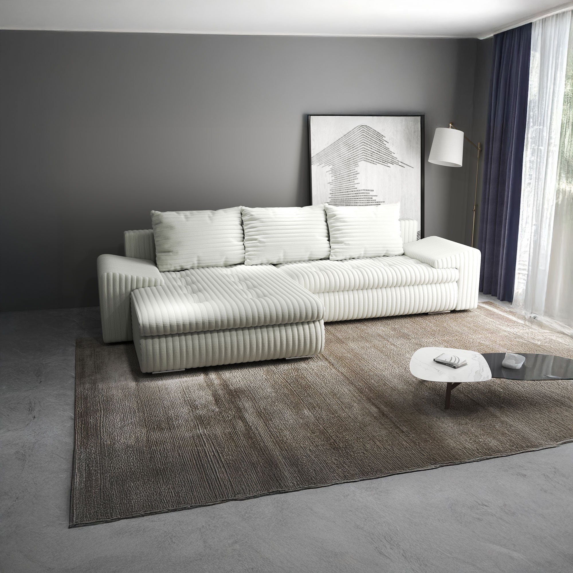Colțar extensibil dumonde cu ladă de depozitare si sezut confortabil din spuma HR, Leonardo Ambience Alb 255x193 cm Fabrica