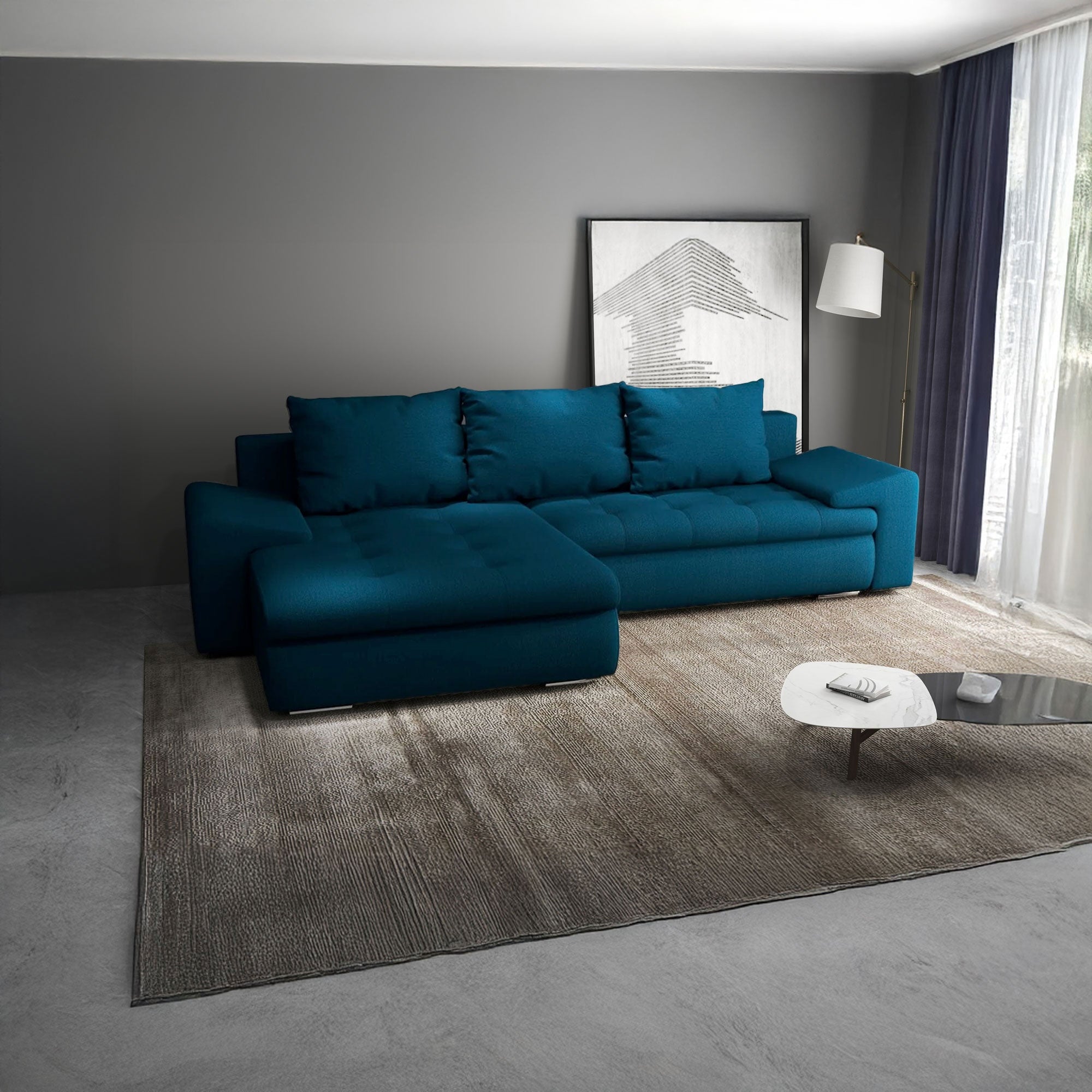 Colțar extensibil dumonde cu ladă de depozitare si sezut confortabil din spuma HR, Leonardo Enjoy Verde Petrol 255x193 cm Fabrica