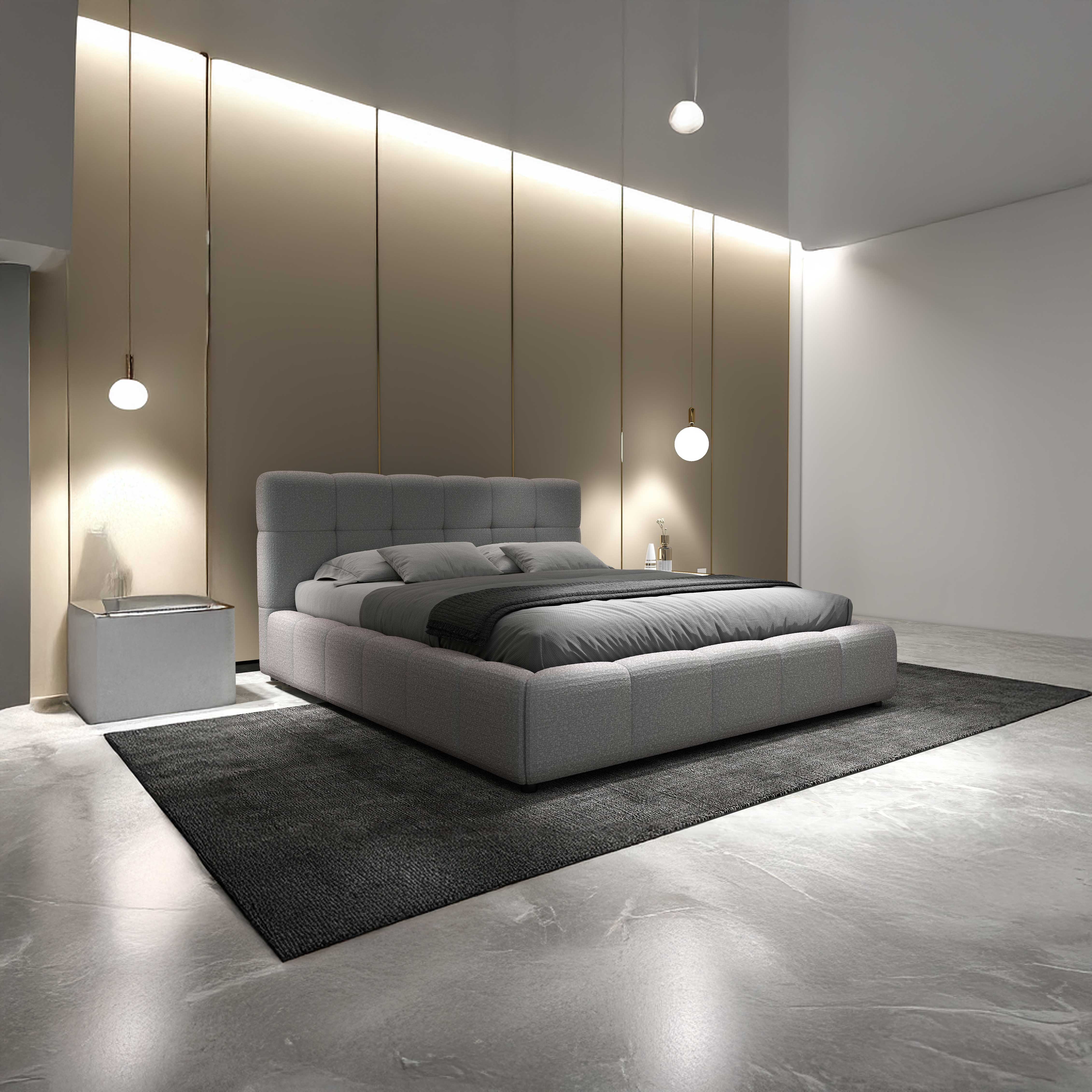 Pat dormitor dumonde, tapitat gri, Lorenzo 160x200 cm, somiera rabatabila inclusa, spatiu depozitare WLS