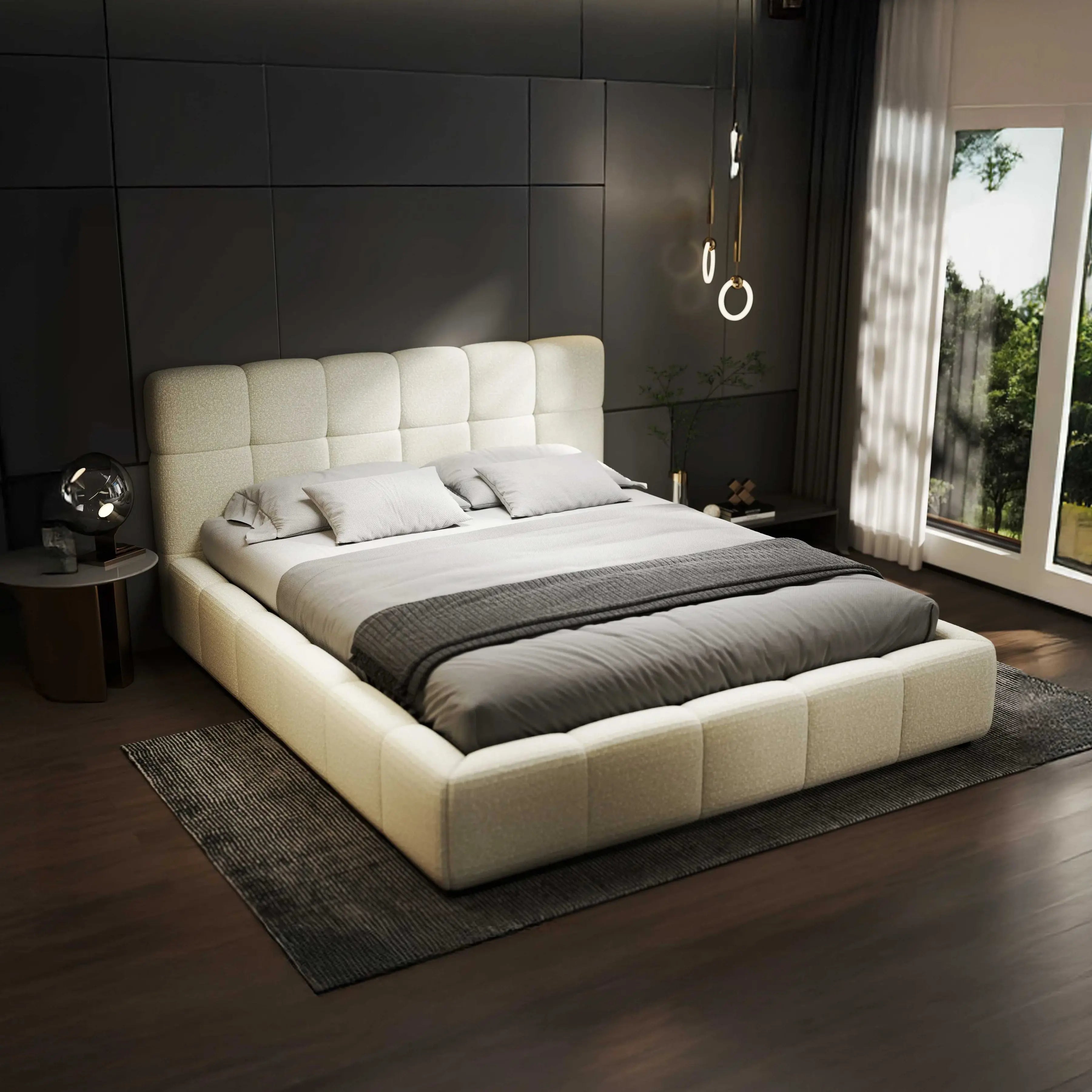 Pat dormitor dumonde, tapitat bej, Lorenzo 160x200 cm, somiera rabatabila inclusa, spatiu depozitare WLS