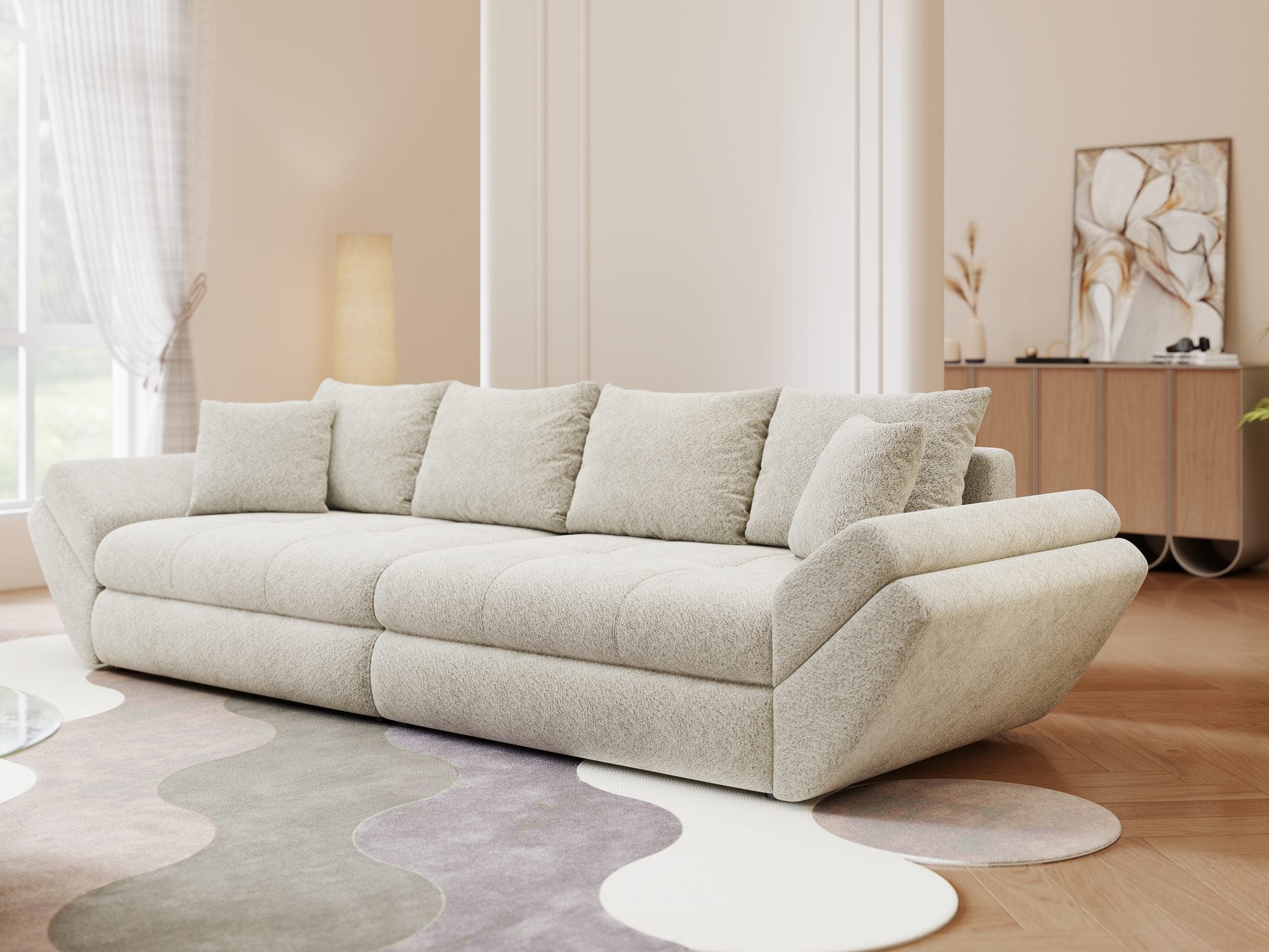Canapea extensibilă dumonde cu ladă de depozitare si sezut confortabil din spuma high-density, Loana Arena Bej 300x100 cm