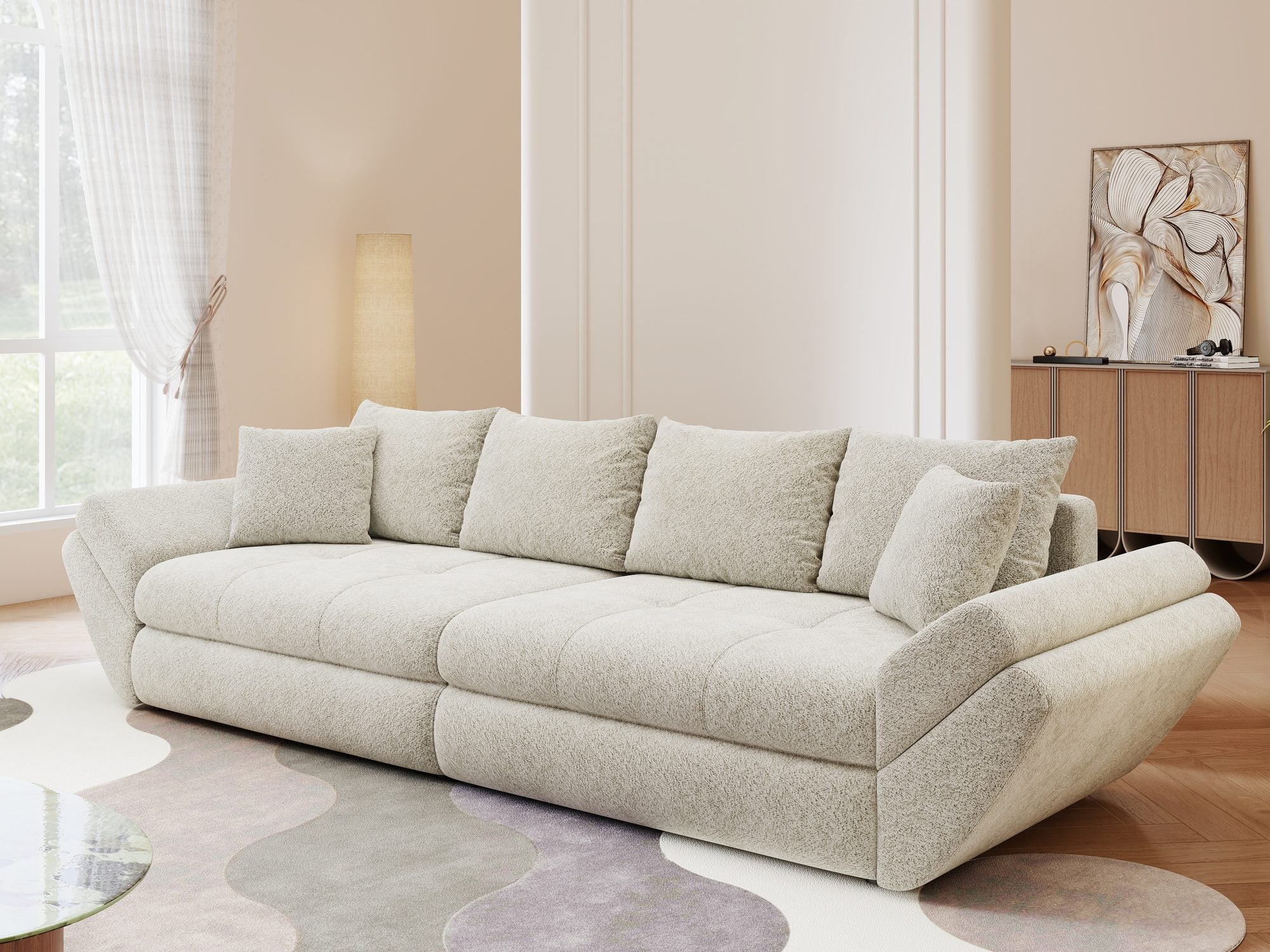 Canapea extensibilă dumonde cu ladă de depozitare si sezut confortabil din spuma high-density, Loana Arena Bej 300x100 cm