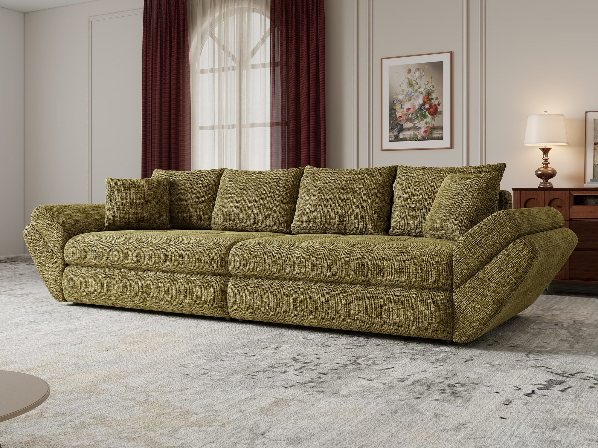 Canapea extensibilă dumonde cu ladă de depozitare Loana Cremona Olive 300x100 cm