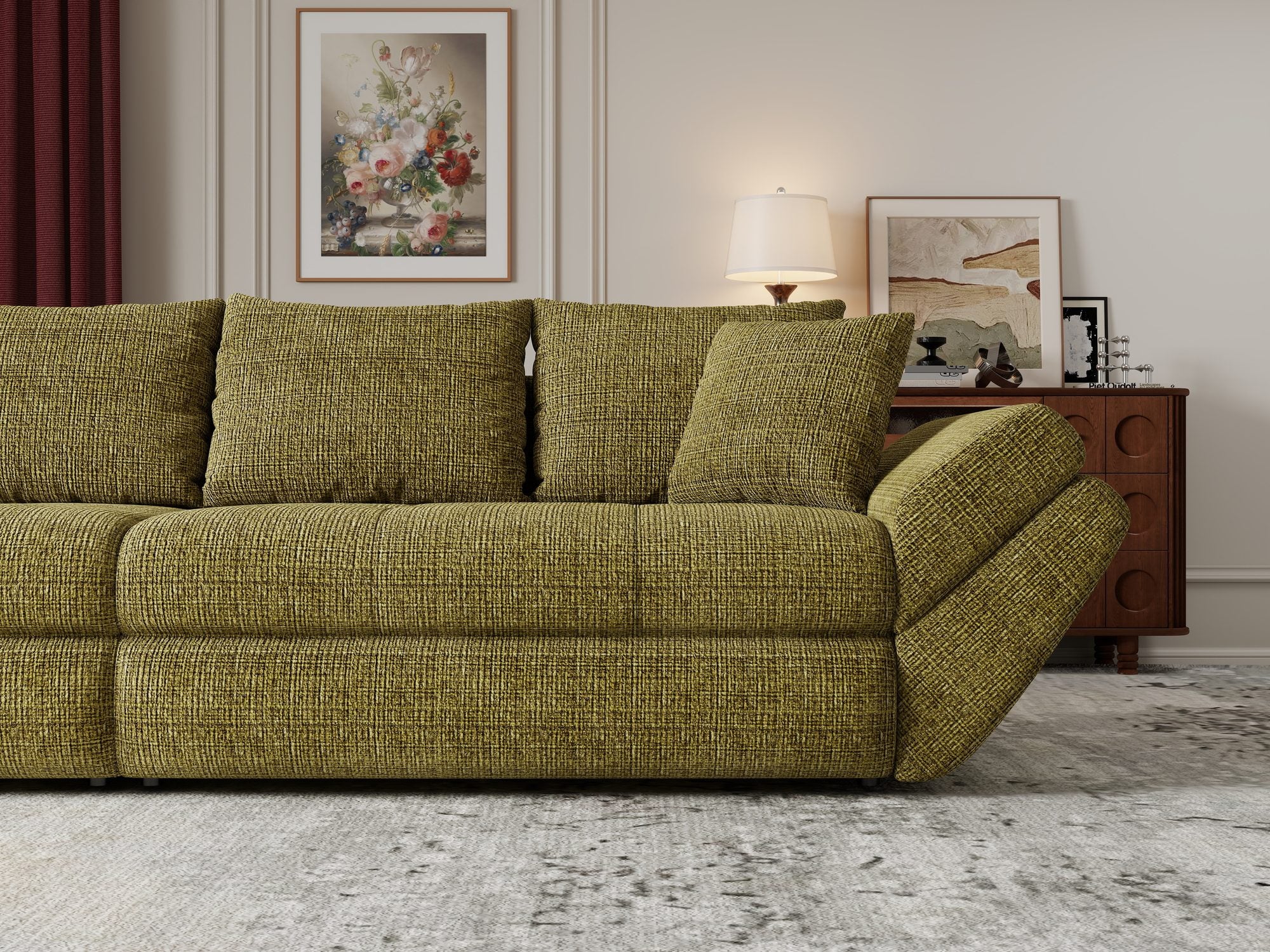Canapea extensibilă dumonde cu ladă de depozitare Loana Cremona Olive 300x100 cm