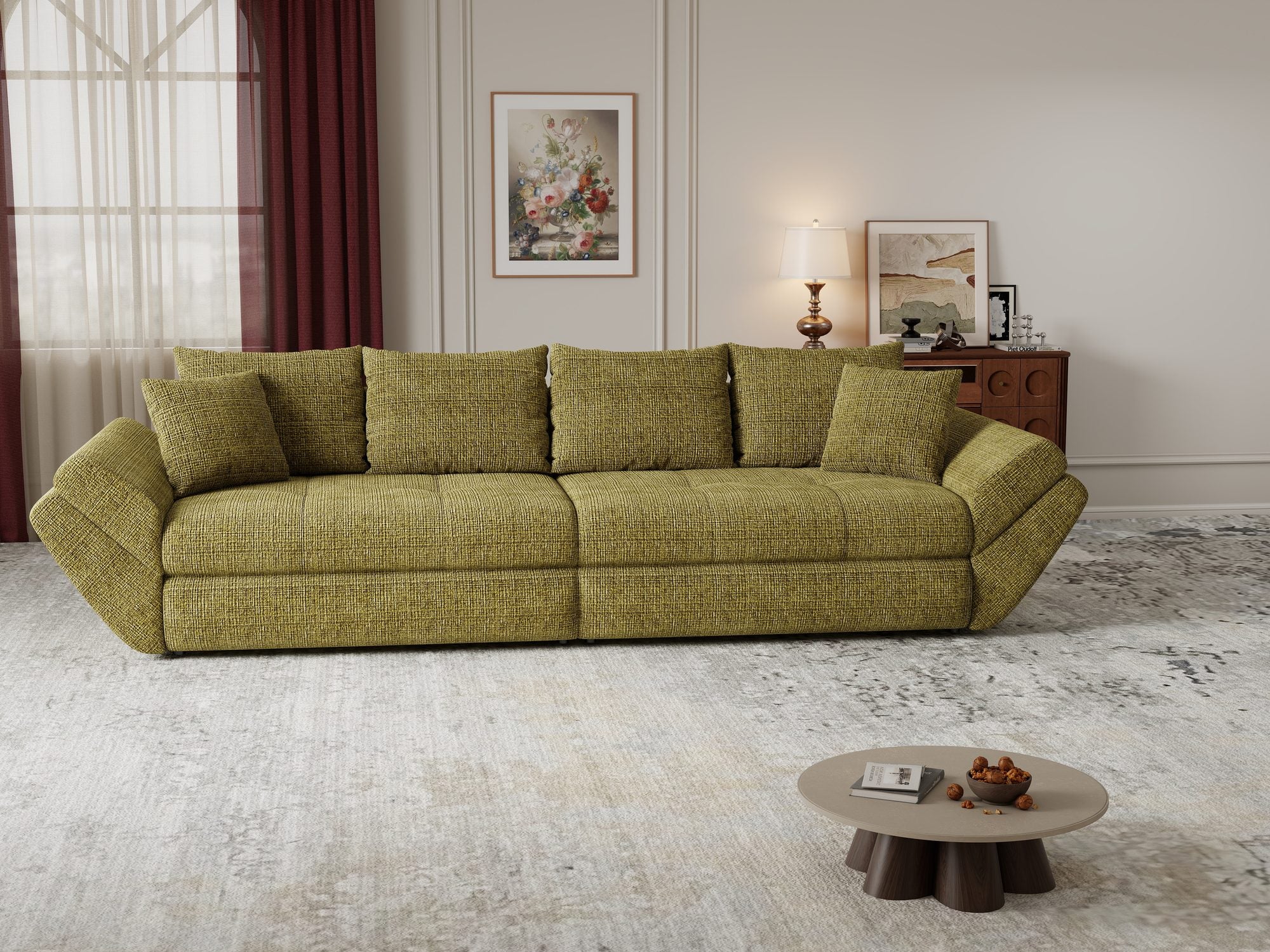 Canapea extensibilă dumonde cu ladă de depozitare Loana Cremona Olive 300x100 cm