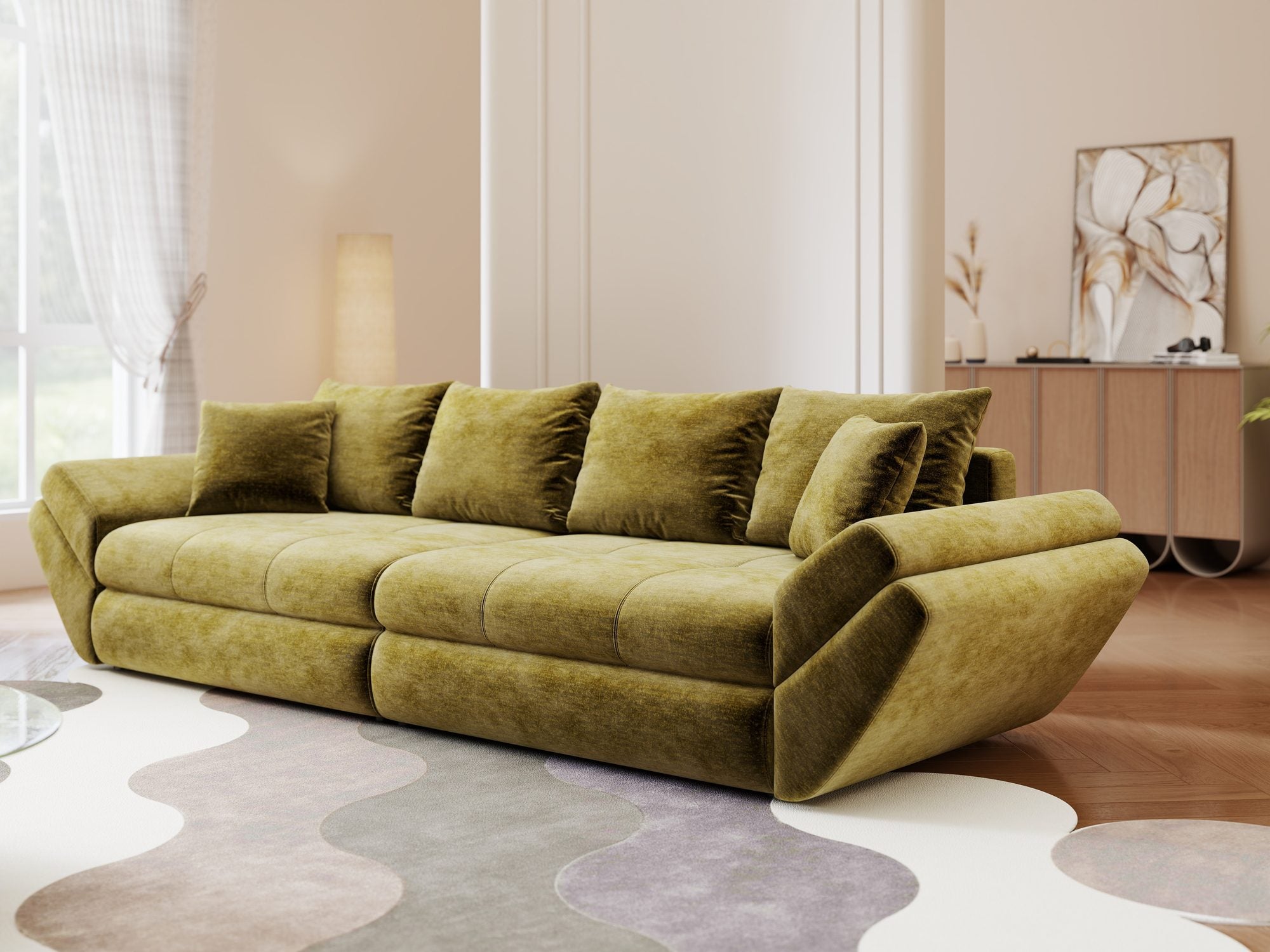 Canapea extensibilă dumonde cu ladă de depozitare Loana Monolith Verde olive 300x100 cm