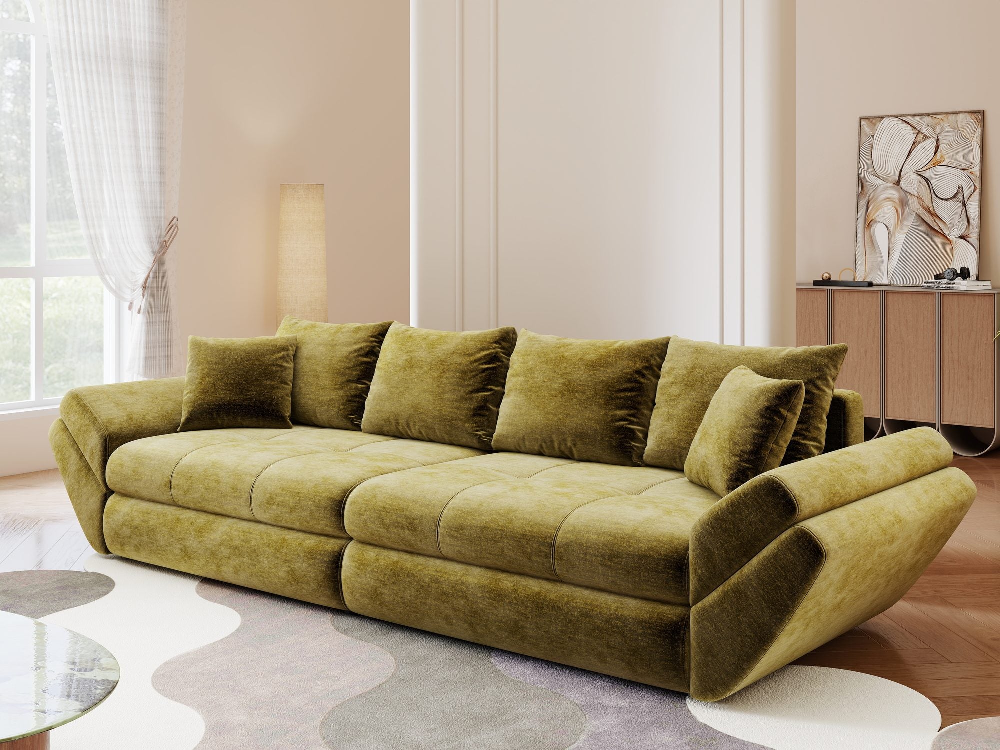 Canapea extensibilă dumonde cu ladă de depozitare Loana Monolith Verde olive 300x100 cm